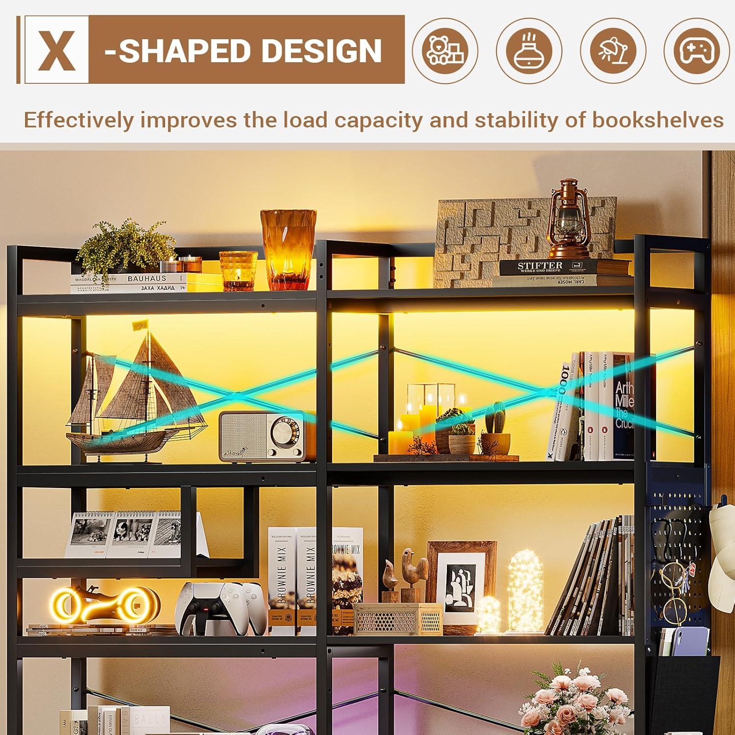5-Tier Book Shelf with LED Light, 63" Reversible Storage Shelves, Corner Bookshelf with Storage Bag and Pegboard, Black