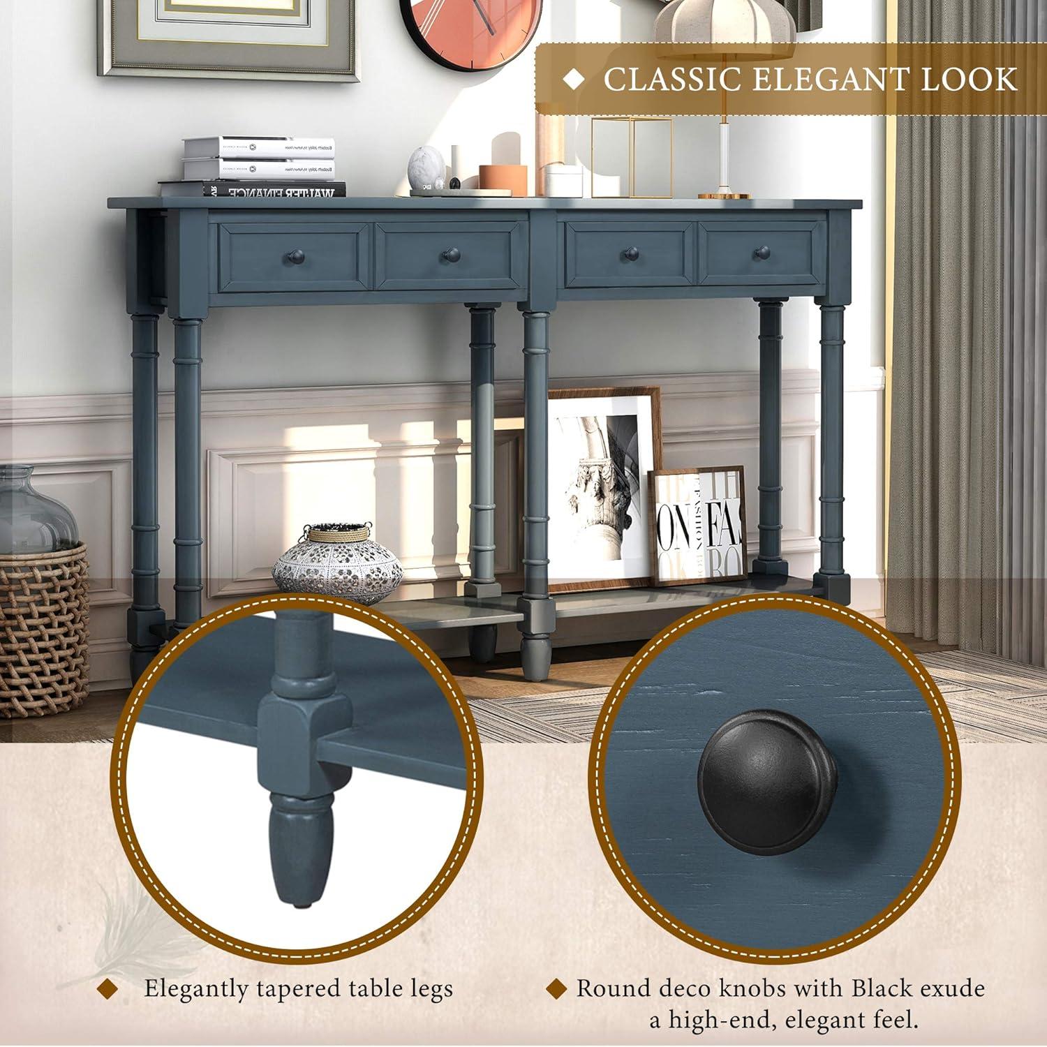 58" Console Table with Two Drawers and Bottom Shelf, Farmhouse Long Sofa Table with Solid Wood Legs, Storage Cabinet Sideboard Table for Entryway Living Room Hallway, Easy Assembly, Antique Navy