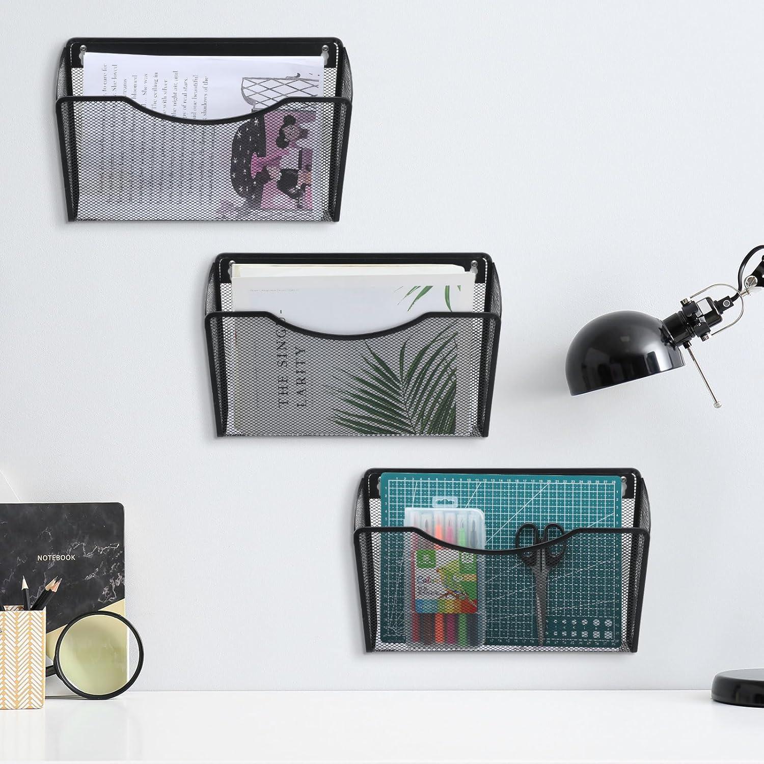 Mesh 3 Pack Wall Mounted File Holder Metal Hanging Vertical Wall File Pocket Organizer for Office and Home, Black