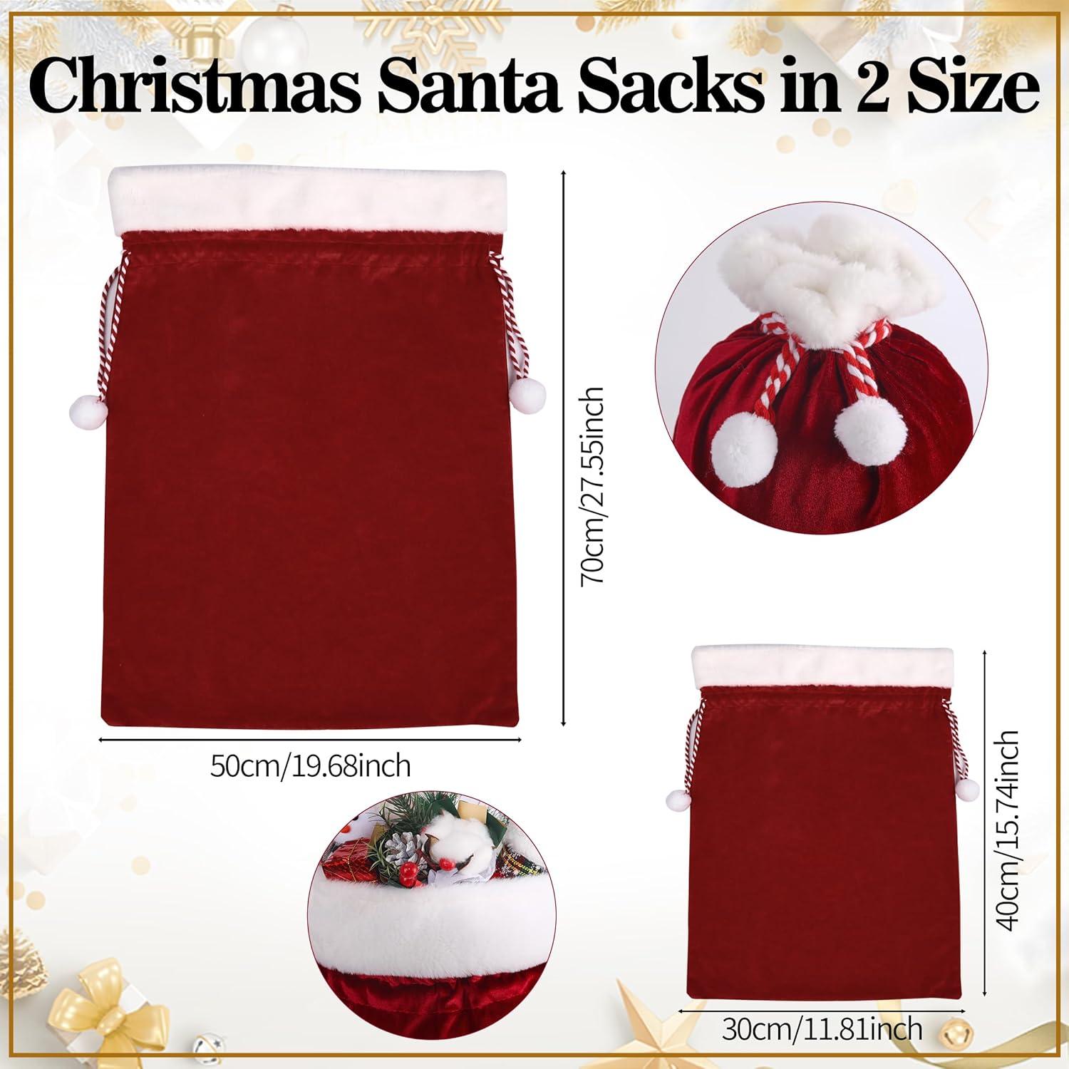 2 Pcs Christmas Velvet Bags with Drawstring Large Plush Santa Sack Christmas Gift Bags in 2 Size for Xmas Package Storage Bags