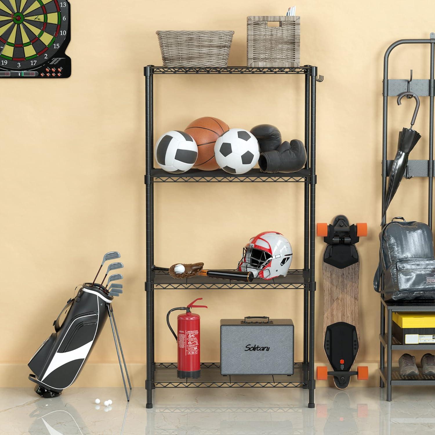 WORKPRO 4-Tier Black Metal Adjustable Shelving Unit with Hooks