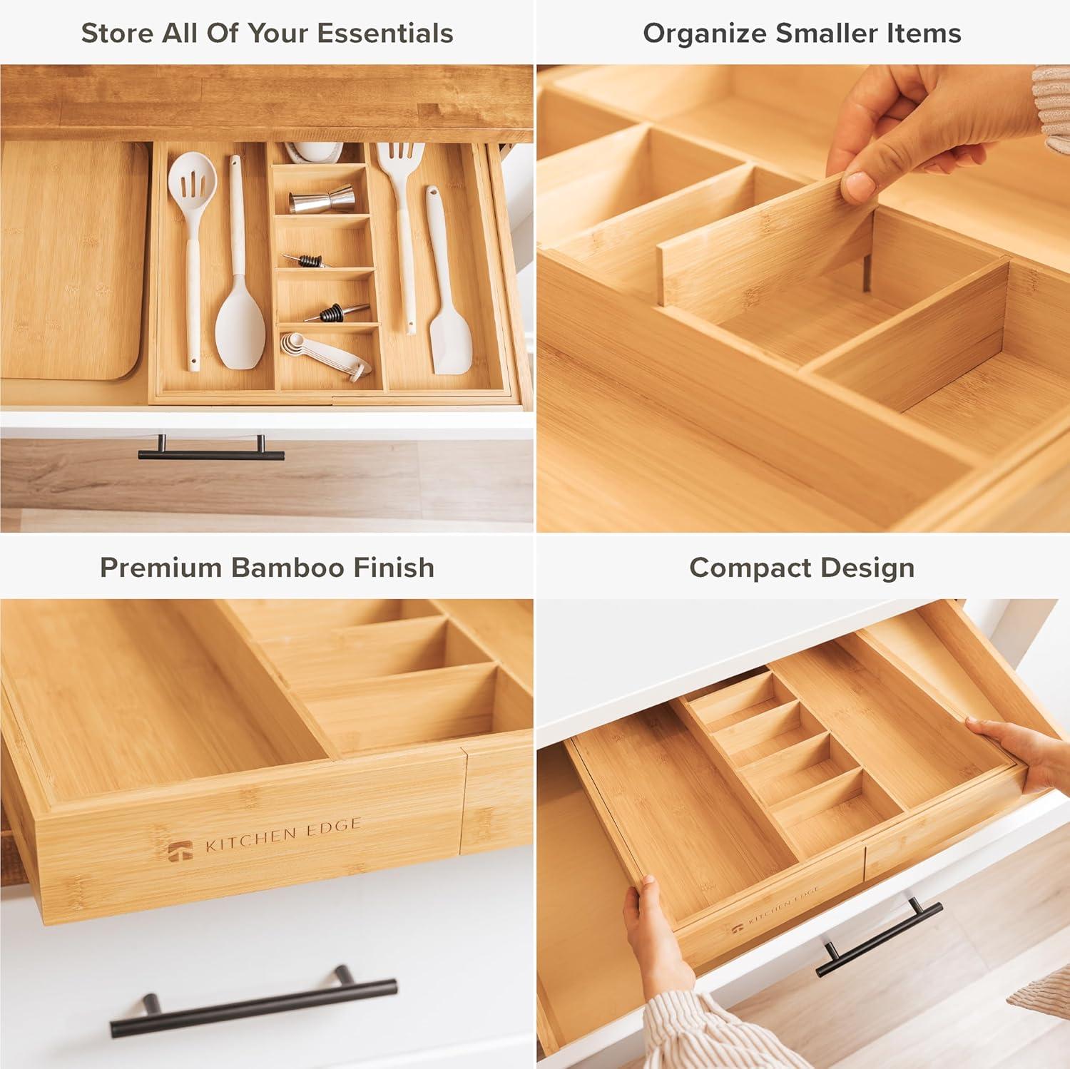 KitchenEdge Adjustable Kitchen Drawer Organizer for Utensils, Expandable to 33 in Wide, 9 Compartments, Bamboo