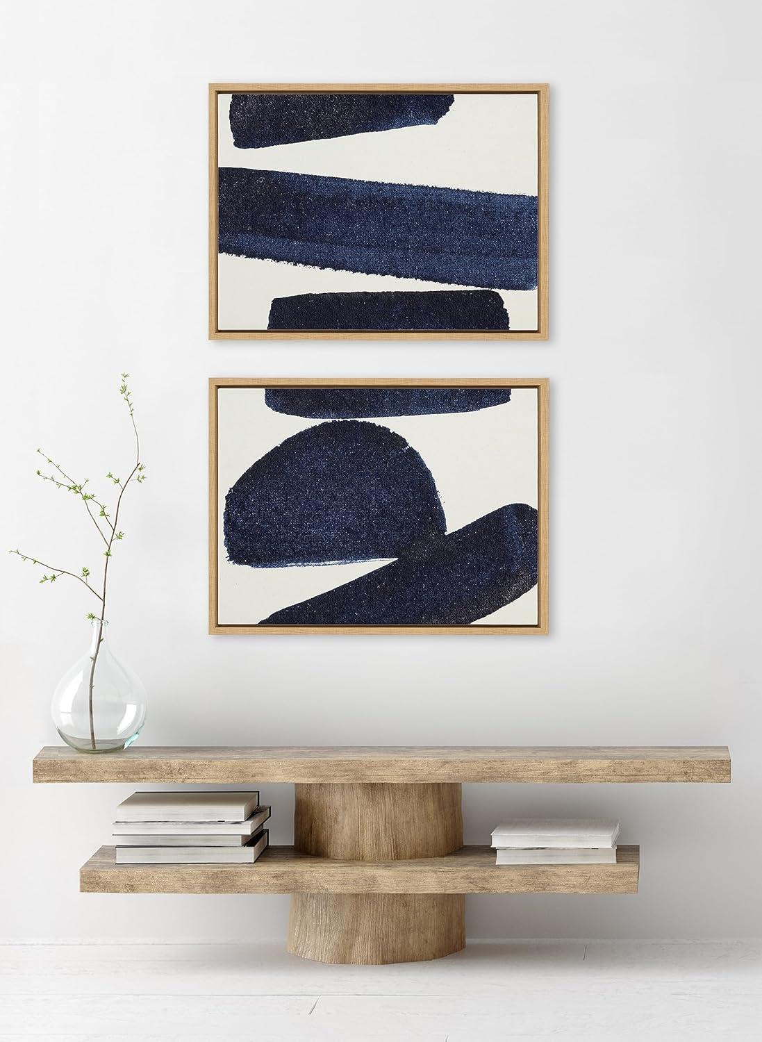 Navy Blue Abstract Brushstrokes Canvas Art Set with Natural Frame