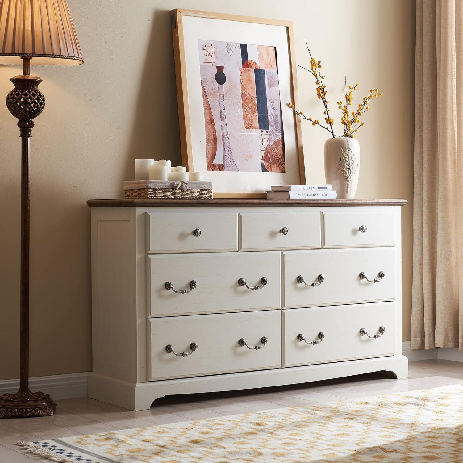 Antique White 7-Drawer Wood Dresser with Ball Bearing Slides