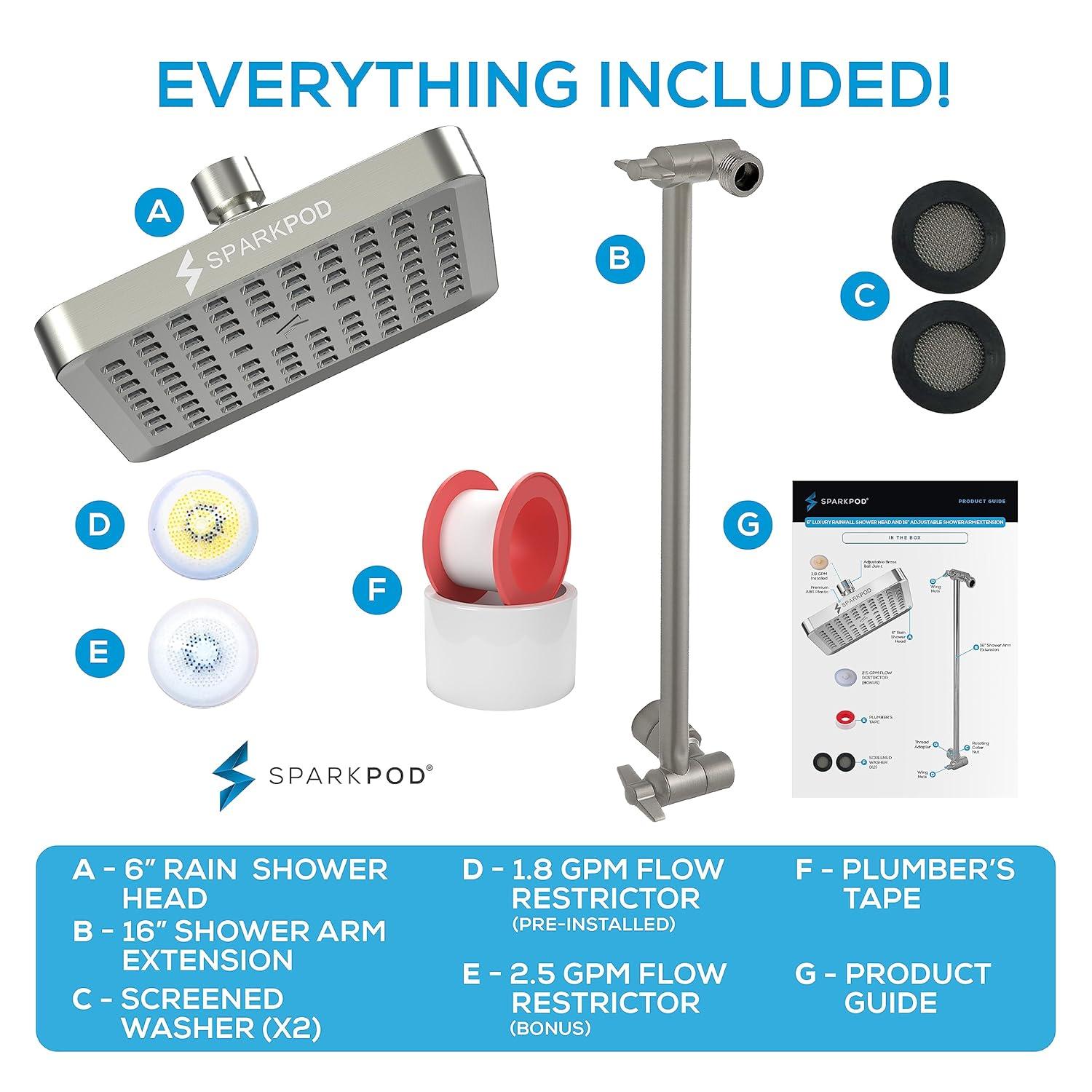 SparkPod Square Rain Shower Head with Shower Head Extension Arm - High Pressure Rain - Luxury Modern Look - No Hassle Tool-less 1-Min Installation (16" Shower Arm Extension, Elegant Brushed Nickel)