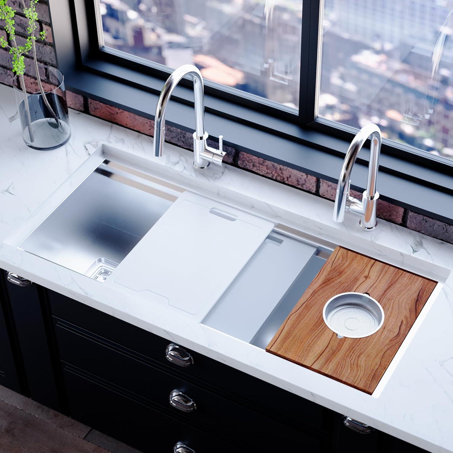 Strictly Sinks 45 Inch Black Workstation Sink - 16 Gauge Stainless Steel Sink, 2-Tier Undermount Kitchen Sink with Accessories