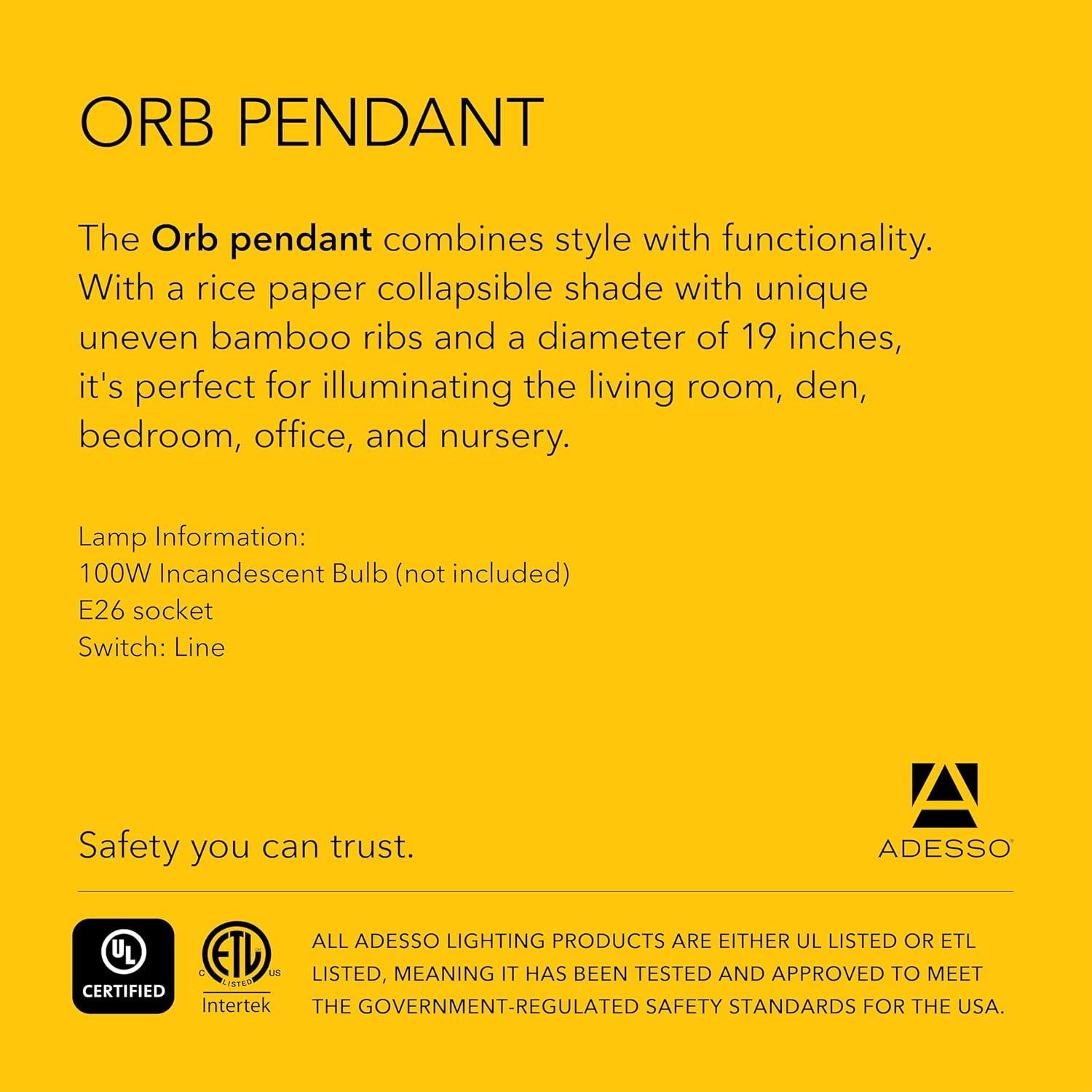 Orb Medium Pendant Natural - Adesso: Rice Paper Shade, 15-Foot Cord, ETL Listed