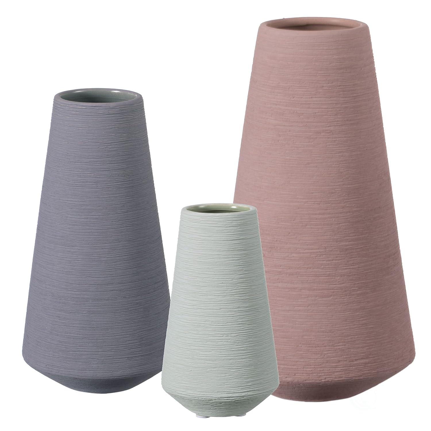 Uniquewise Decorative Ceramic Round Cone Shape Centerpiece Table Vase Set of 3, Pink Large, Gray Medium, and Green Small