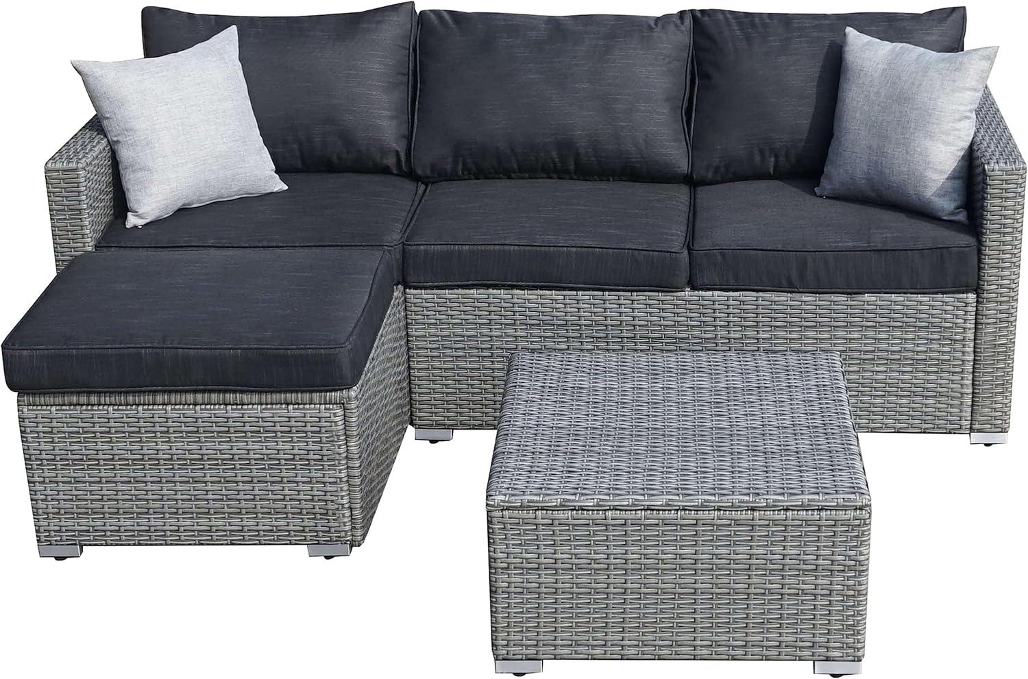SUNTONE Patio Conversation Sofa Set - 3 Piece All Weather Wicker Outdoor Furniture Set, Gray Rattan & Black Cushions