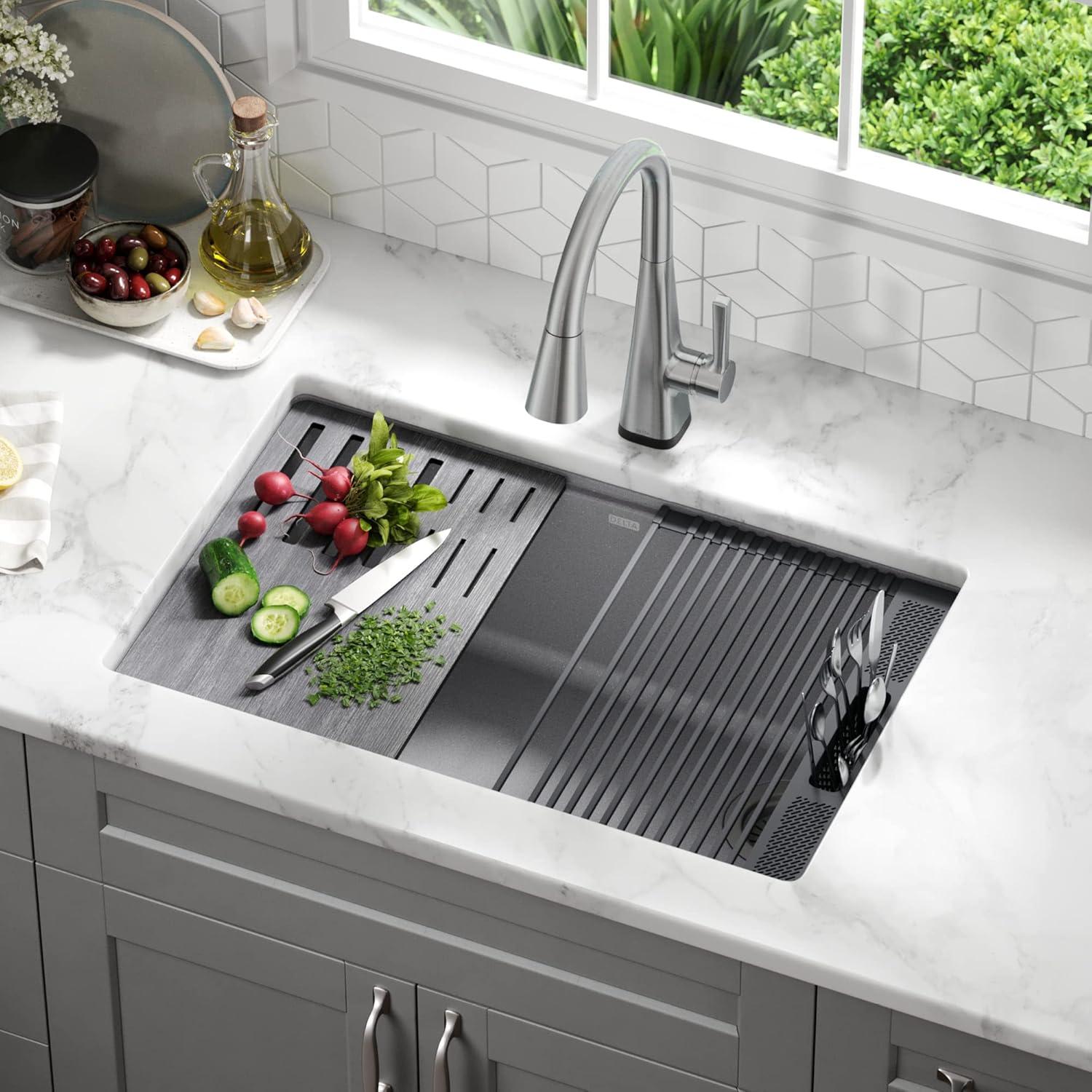 Delta Everest™ 33" L Granite Composite Workstation Kitchen Sink Drop-In Top Mount Single Bowl with WorkFlow™ Ledge