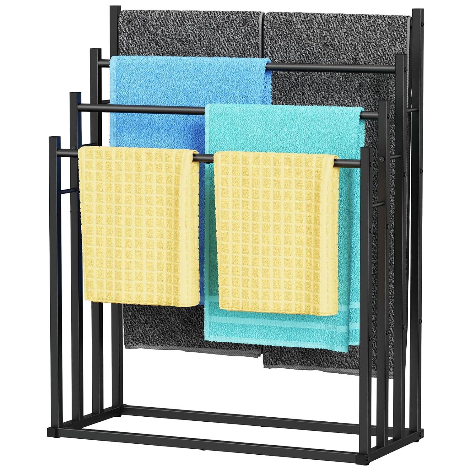 Honiter Towel Racks for Bathroom, 2 Tiers Wider Towel Drying Rack Outdoor, Free Standing Towel Rack, Pool Towel Blanket Stand and Display Rack for Oversized Bath Towels, Black
