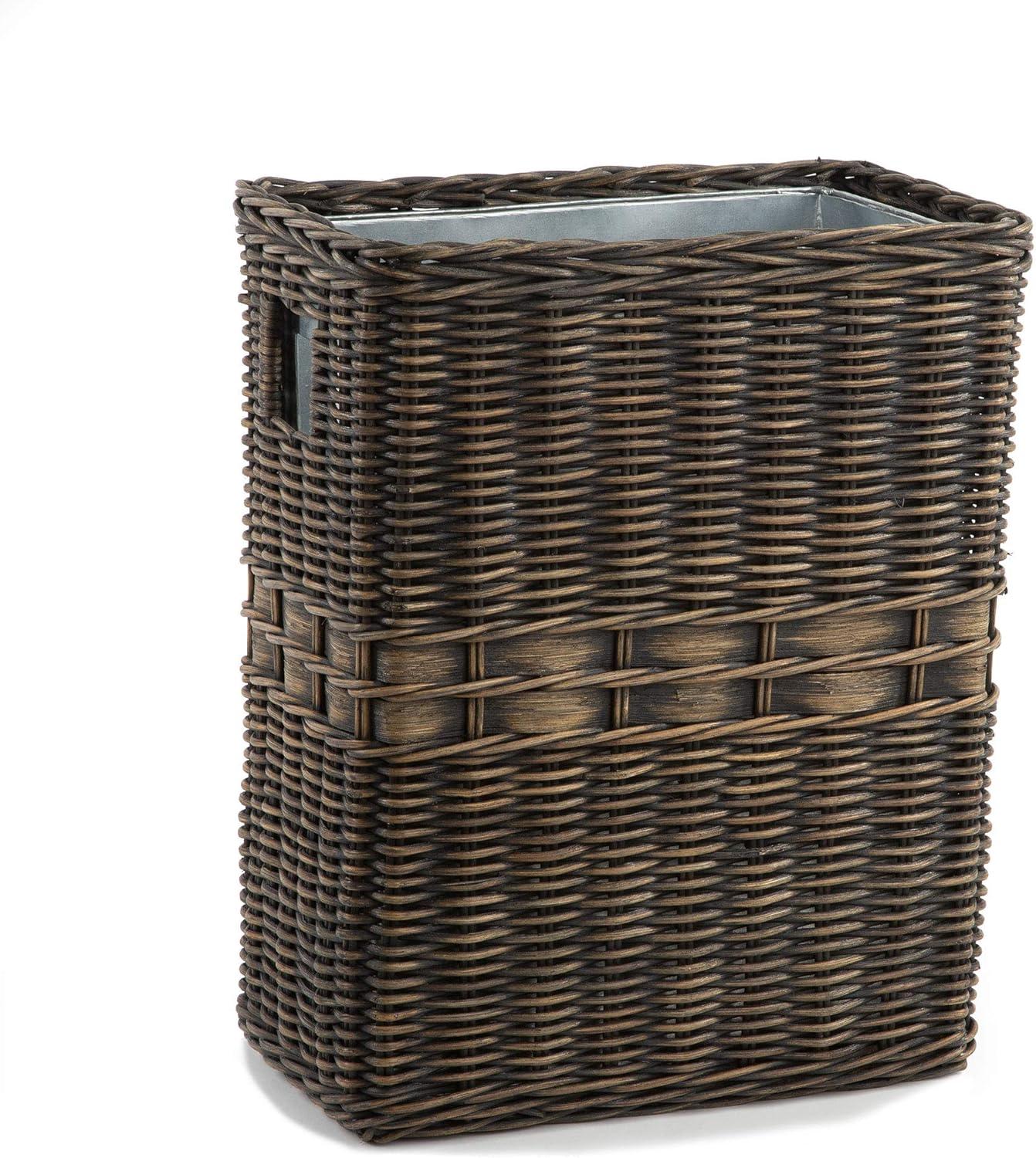 Killeryuki Large Rectangular Wicker Waste Basket with Metal Liner, 14.5 in L x 9 in W x 18 in H, Antique Walnut Brown