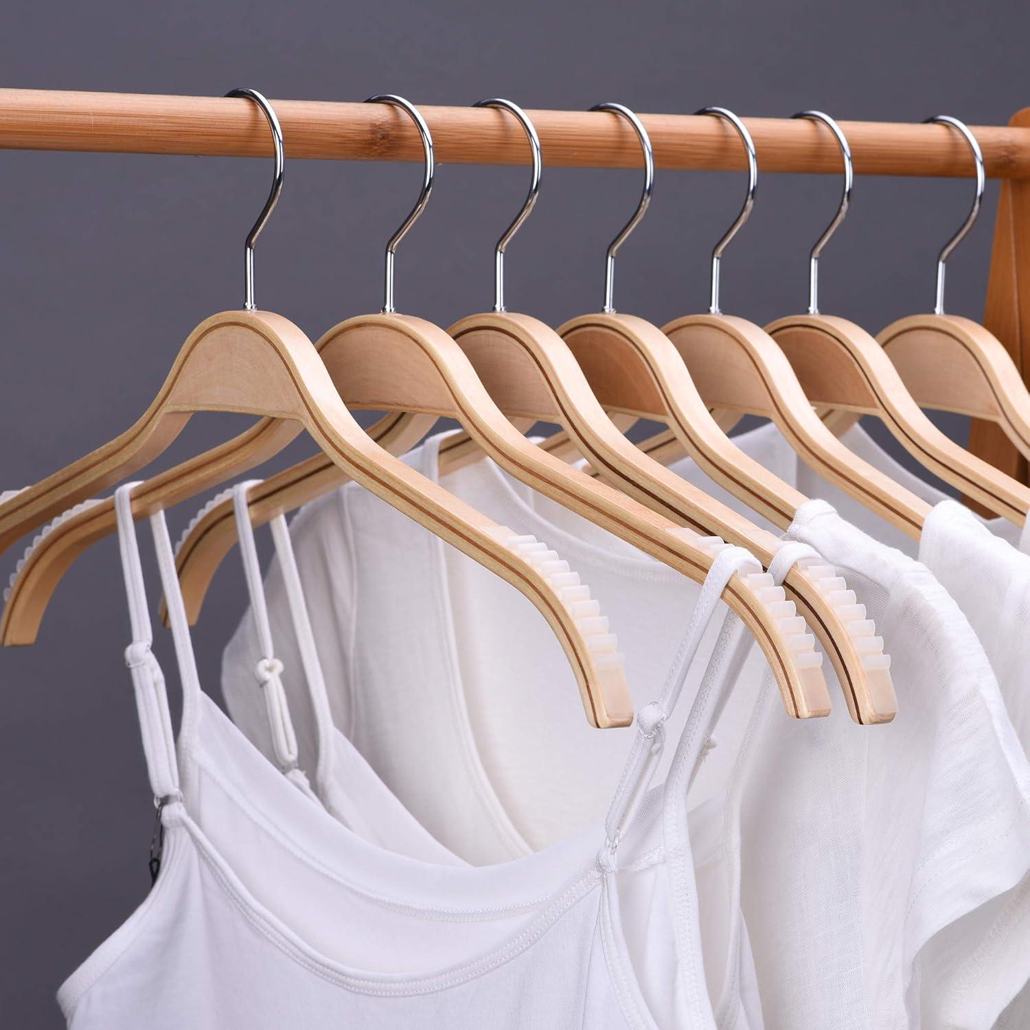 Lightweight Non Slip Wooden Hangers - 30 Pack Heavy Duty Wood Coat Hangers with Soft Stripes for Camisole, Jacket, Dress Clothes, Sweater, Natural Finish