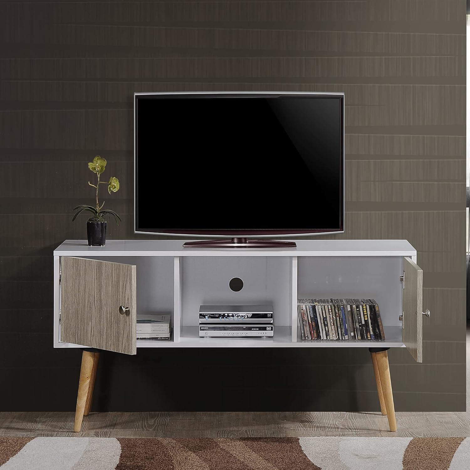 Hodedah Import HITV435 Retro TV Stand with Storage Cabinets, White & Gray