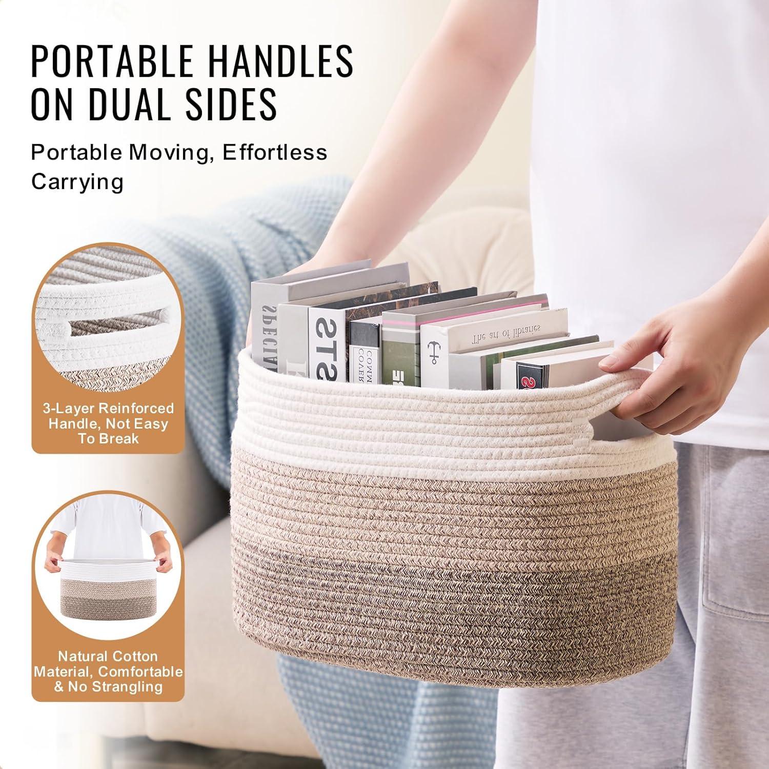 VEVOR Cotton Rope Basket, 22L, 3 Packs Storage Basket, Woven Basket Bins with Handles, Decorative Shelf Organizer Towel Hamper, Boho Toy Basket for Organizing Books Clothes Living Room 15 x 10 x 9 in