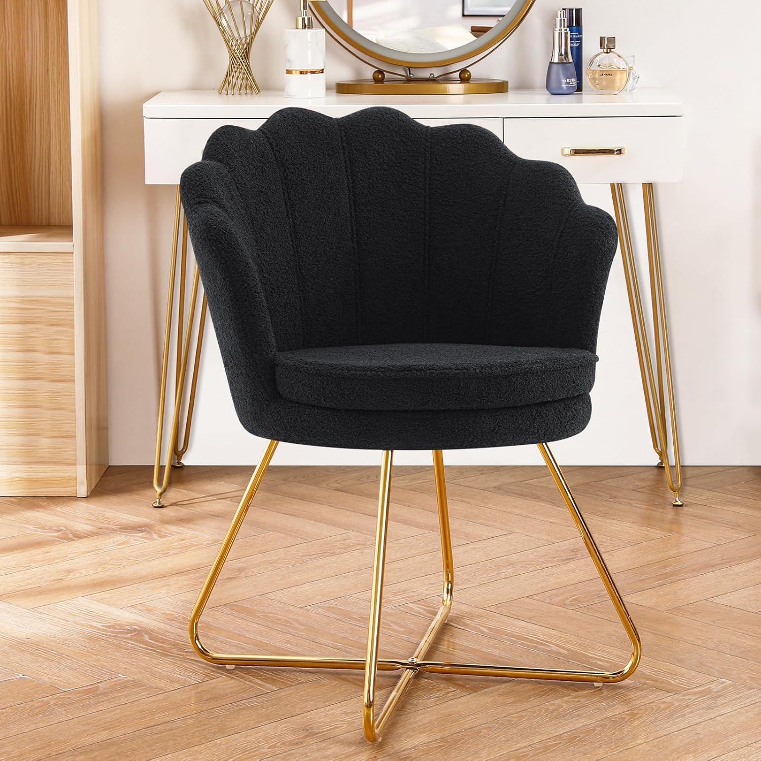 Furniliving Modern Sherpa Accent Chair Shell Back Makeup Chair Upholstered Arm Chair, Black