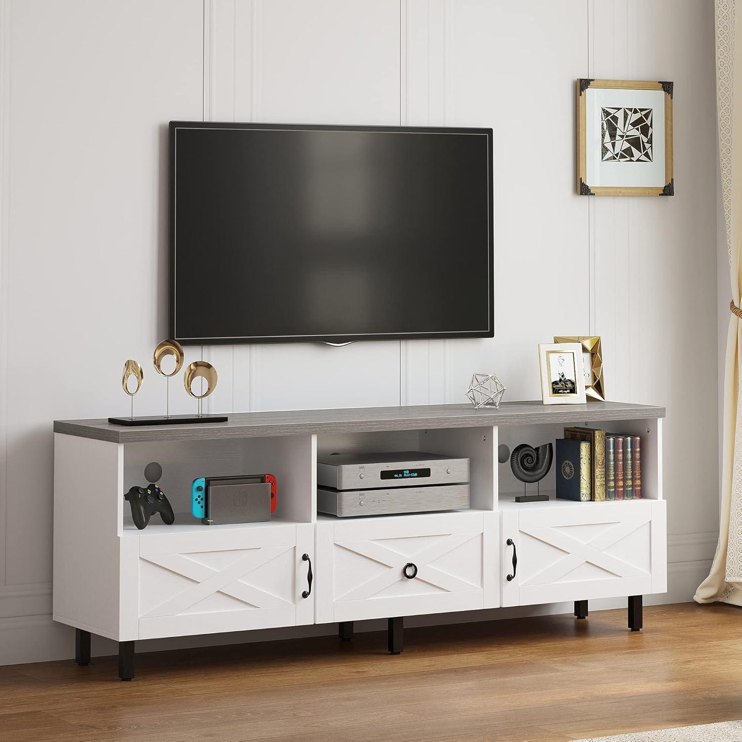 White and Gray 65" TV Stand with Storage Cabinets