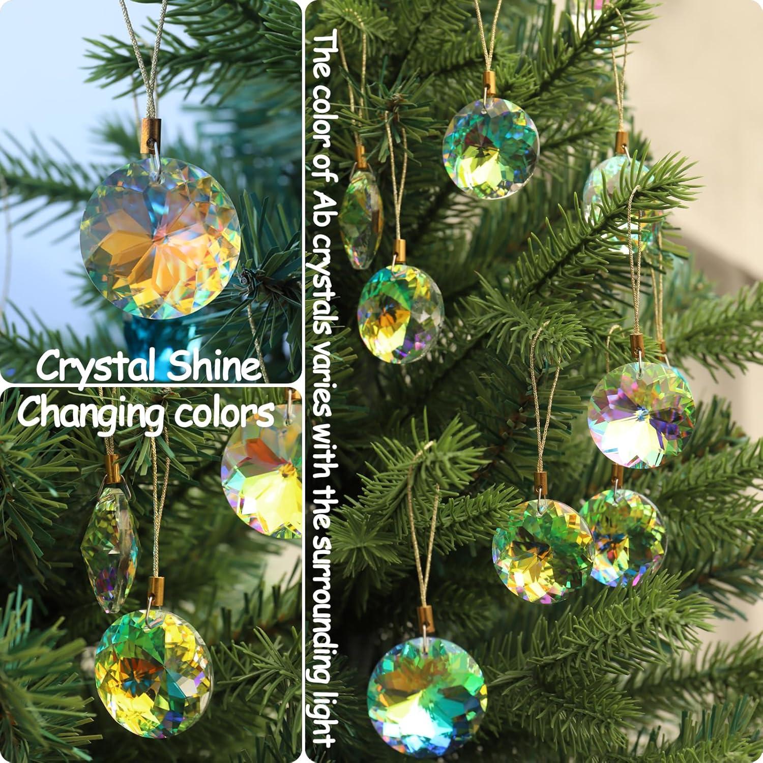 12 Pcs Crystal Glass Christmas Balls Ornaments, 1.18″ Mini Round Prism Flower Xmas Tree Decorations, Hanging Ornament for Wedding Party Home Decor