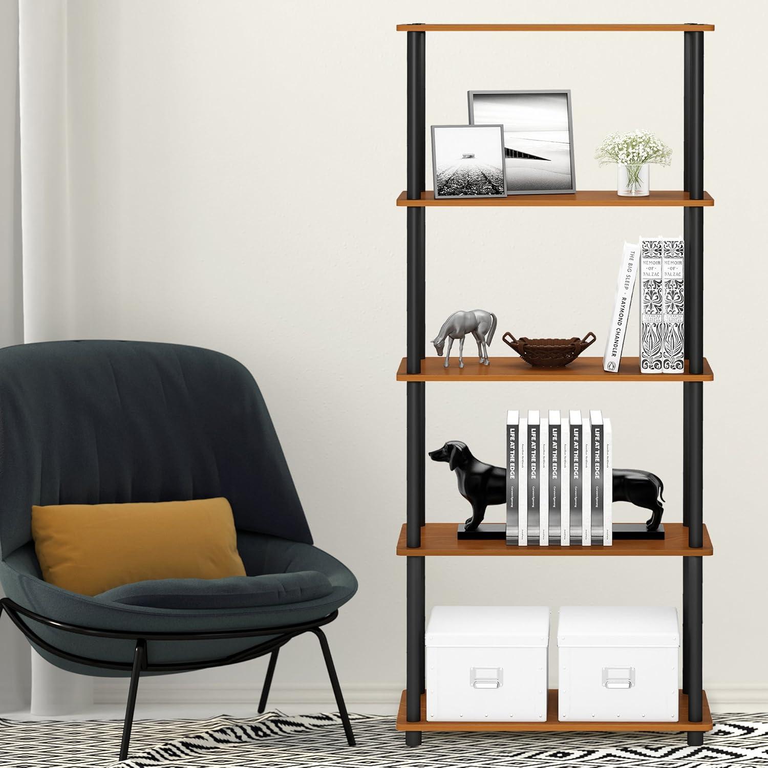 Furinno 5-Tier Tall Decorative Bookshelf Storage Bookcase Open Multipurpose Shelves Display Rack for Living Room&Home Office,Light Cherry/Black