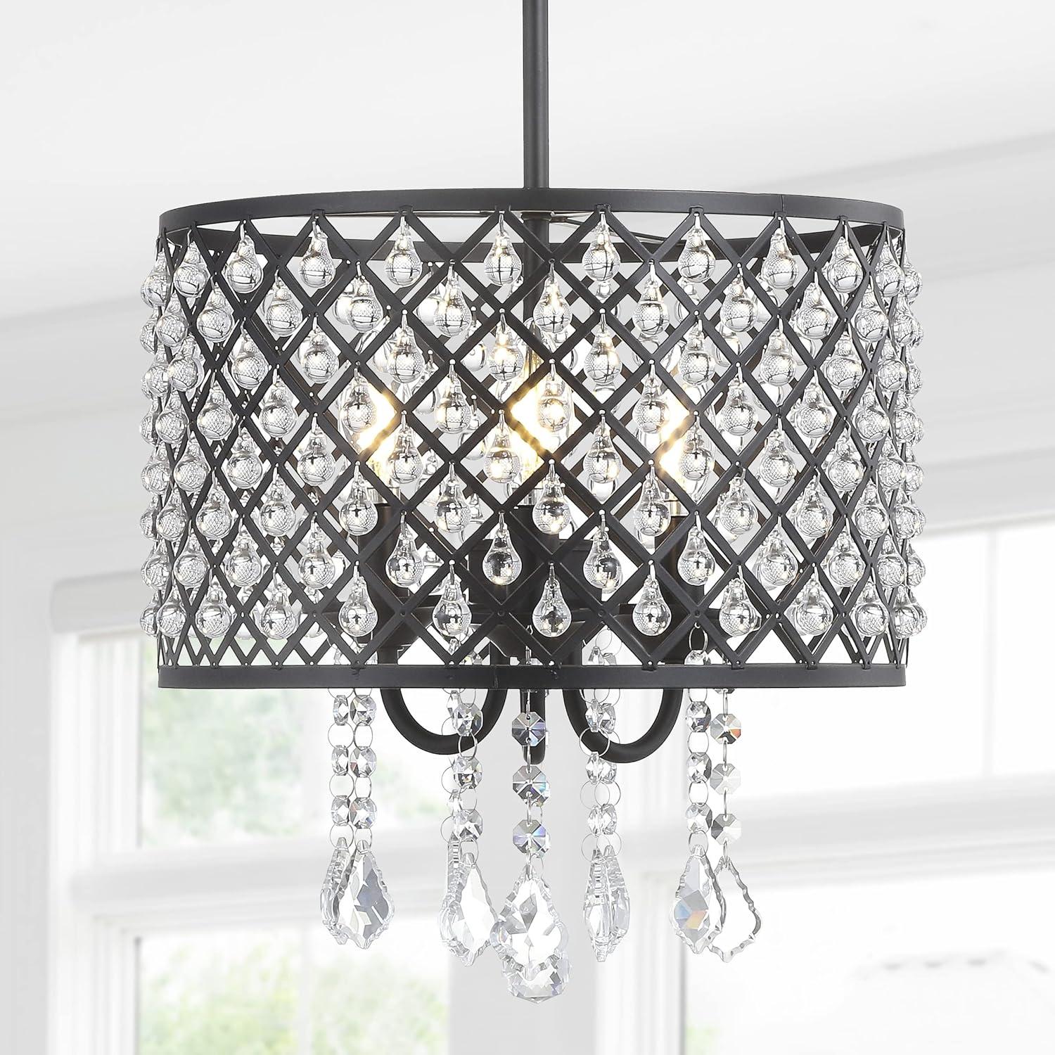 Gigi 13" Metal/Crystal Adjustable LED Drop Chandelier, Black/Clear