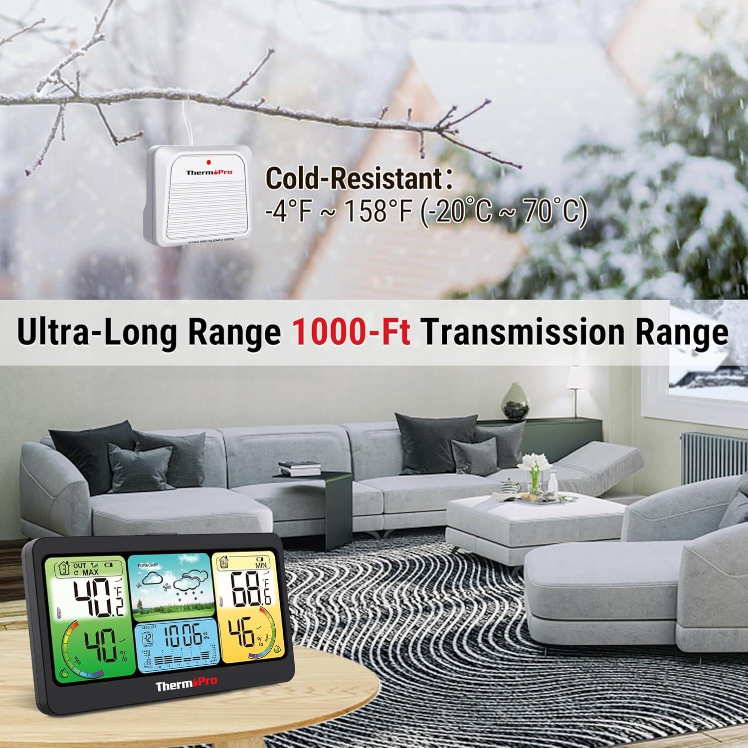 ThermoPro TP280BW 1000FT Home Weather Stations Wireless Indoor Outdoor Thermometer, Indoor Outdoor Weather Station