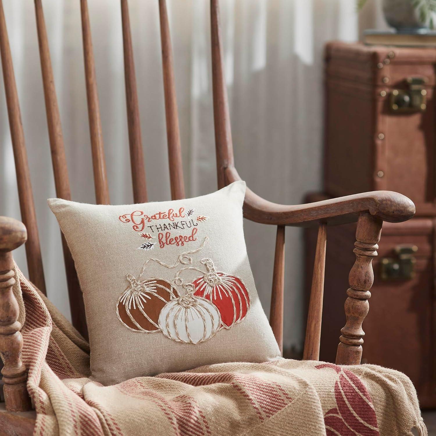 Grateful Thankful Blessed Embroidered Cotton Blend Thanksgiving Pillow