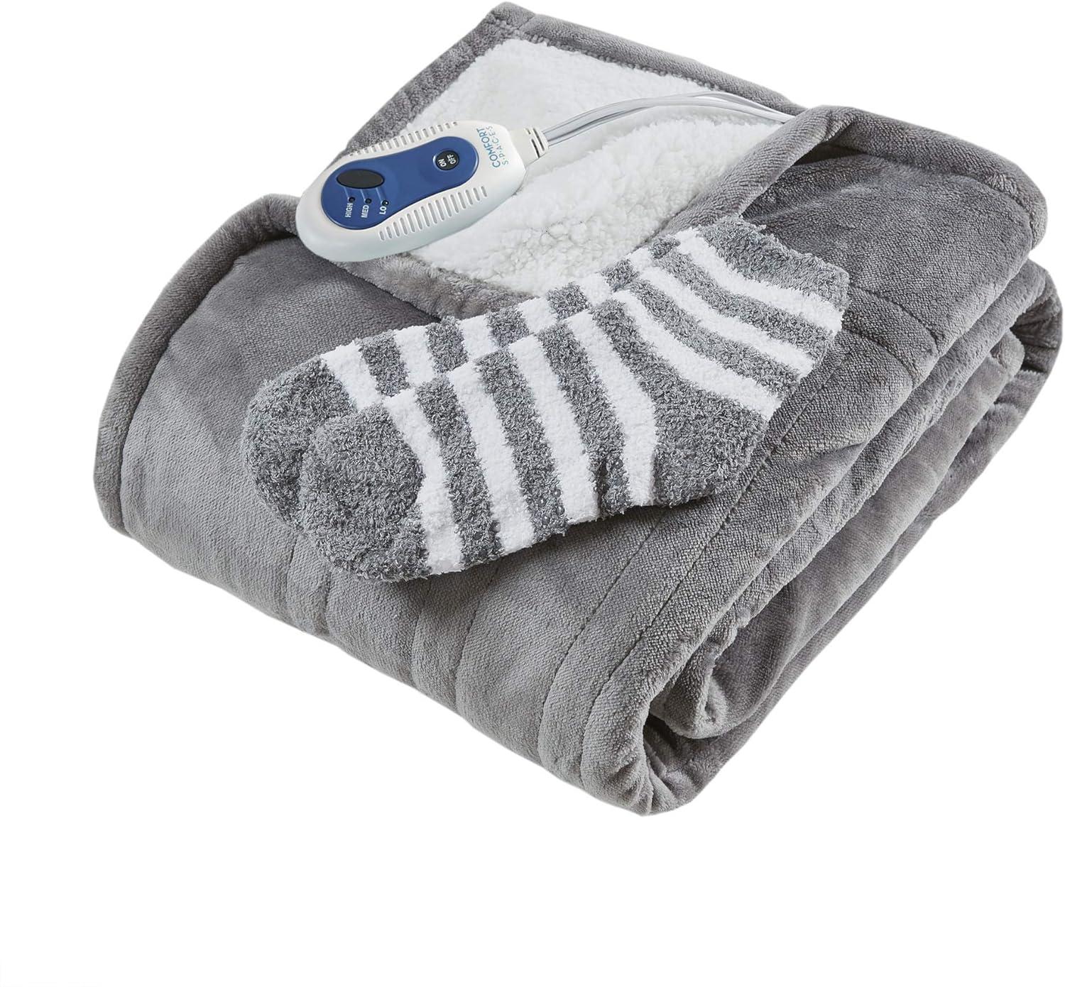 Queen Gray Reversible Fleece Sherpa Electric Heated Wrap