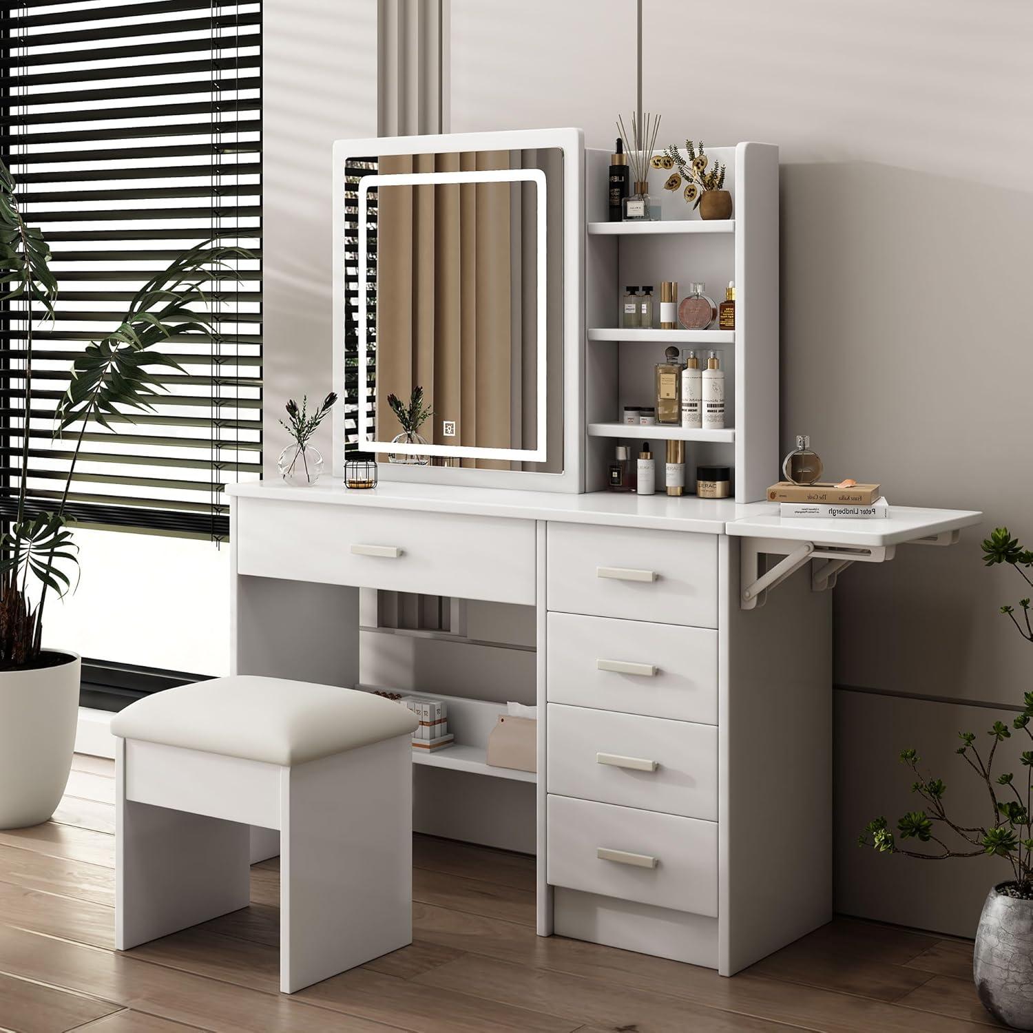 Vanity Desk with Mirror and Lights, White Makeup Vanity Chair Set with Fold-up Panel, Dressing Table with 5 Drawers and Shelves, 3 Lighting Modes, Brightness Adjustable