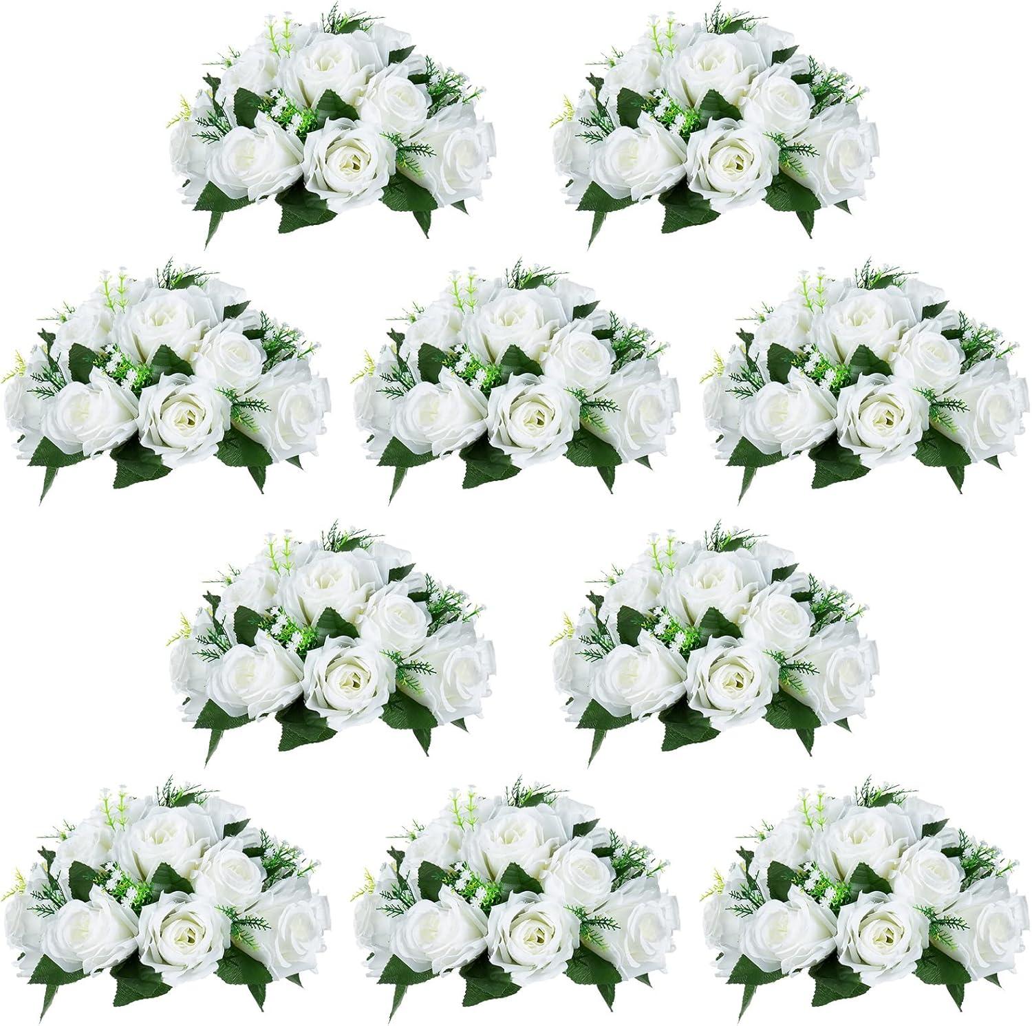 Nuptio Set of 10 White Rose Artificial Flower Kissing ball, 15 Heads Fake Peony Silk Flowers Bouquet for Centerpiece Wedding Birthday Party Home Table Decor