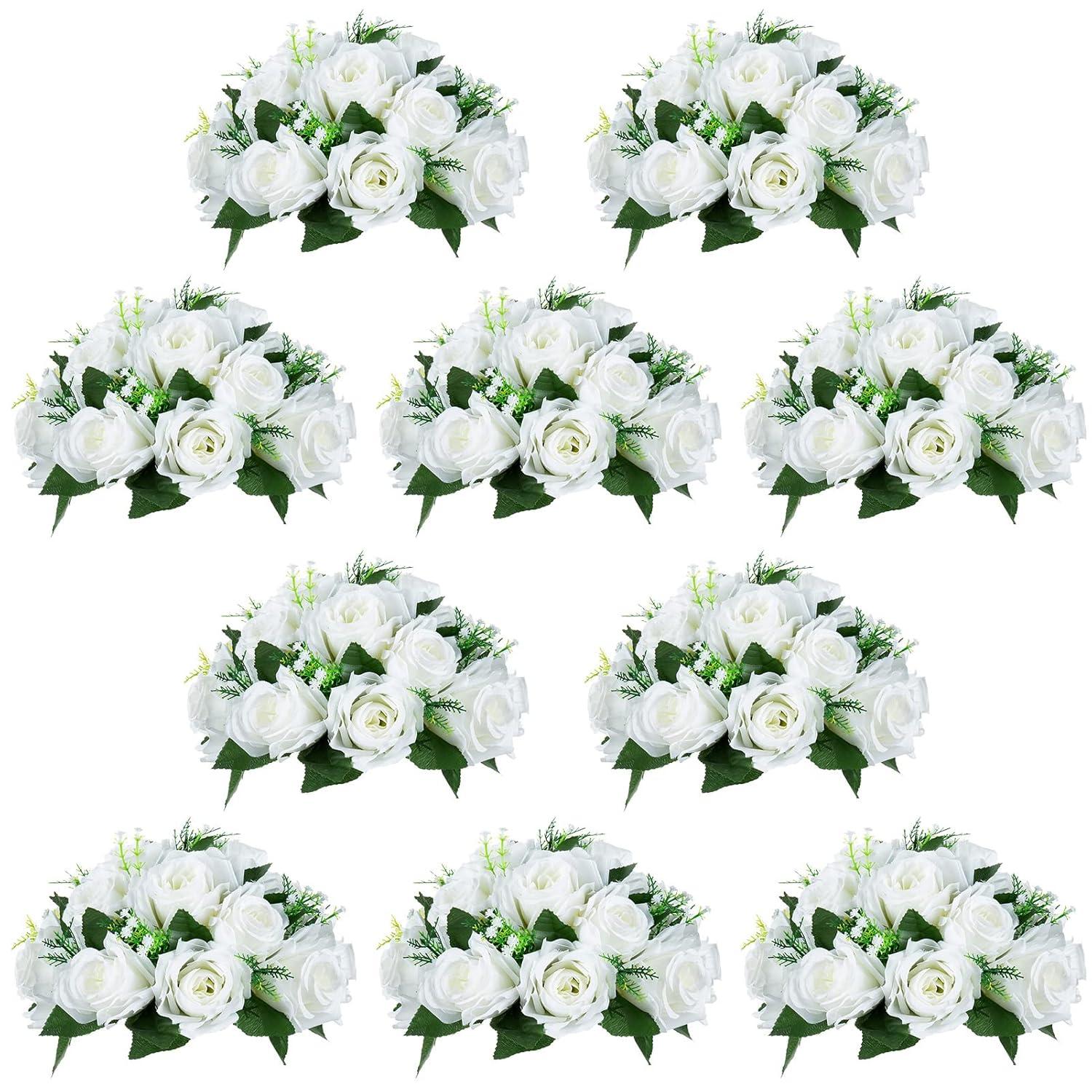 Nuptio Set of 10 White Rose Artificial Flower Kissing ball, 15 Heads Fake Peony Silk Flowers Bouquet for Centerpiece Wedding Birthday Party Home Table Decor
