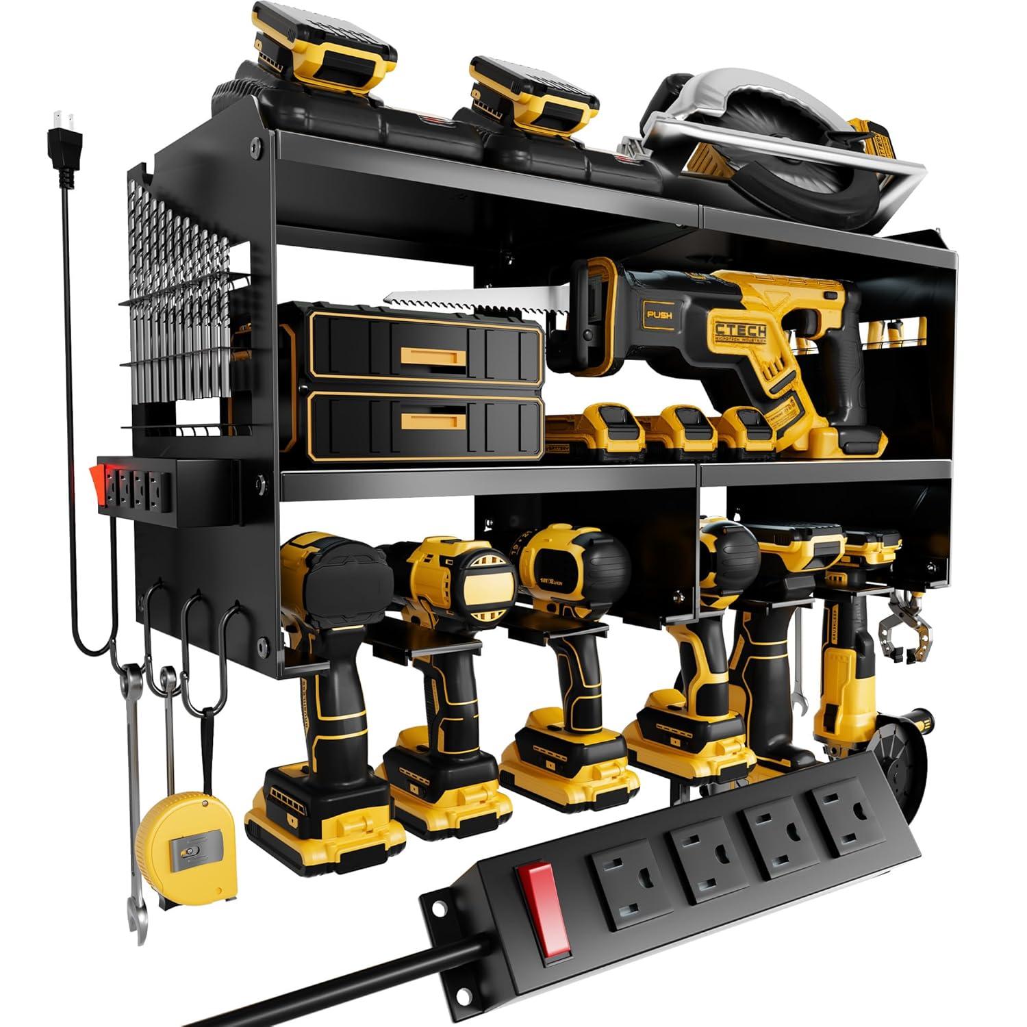 Spampur Power Tool Organizer Wall Mount with Charging Station, Garage Tool Shelf 6 Drill Holders, Tool Battery Holder with Plier holder Heavy Duty Rack, Tool Storage Rack with 4 Outlet Power Strip