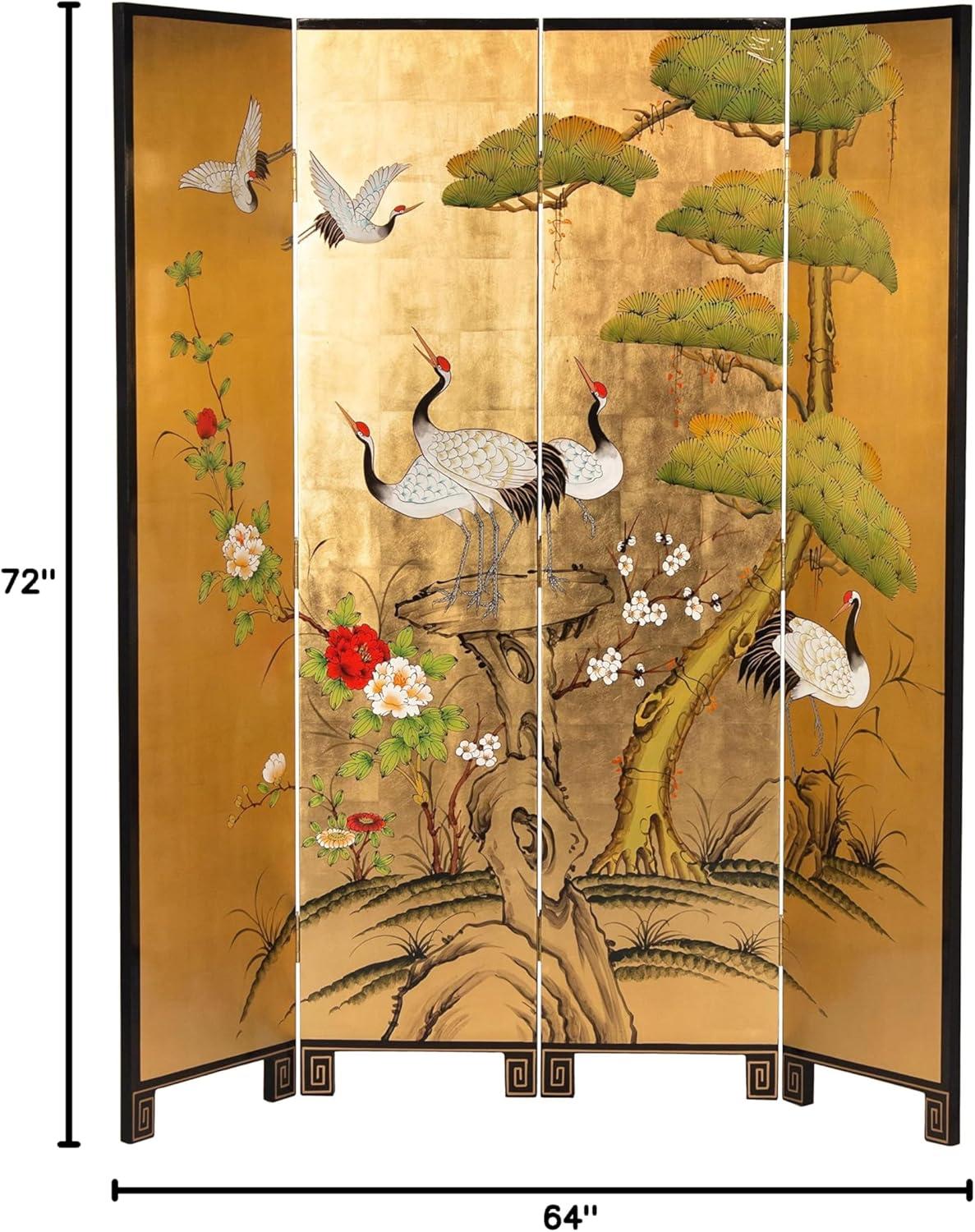 Oriental Furniture 6 ft. Tall Gold Lacquer Room Divider - Cranes