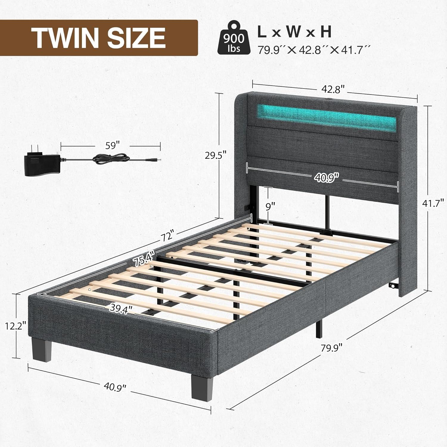 Twin Dark Gray Upholstered Bed Frame with LED Lights and Charging Station