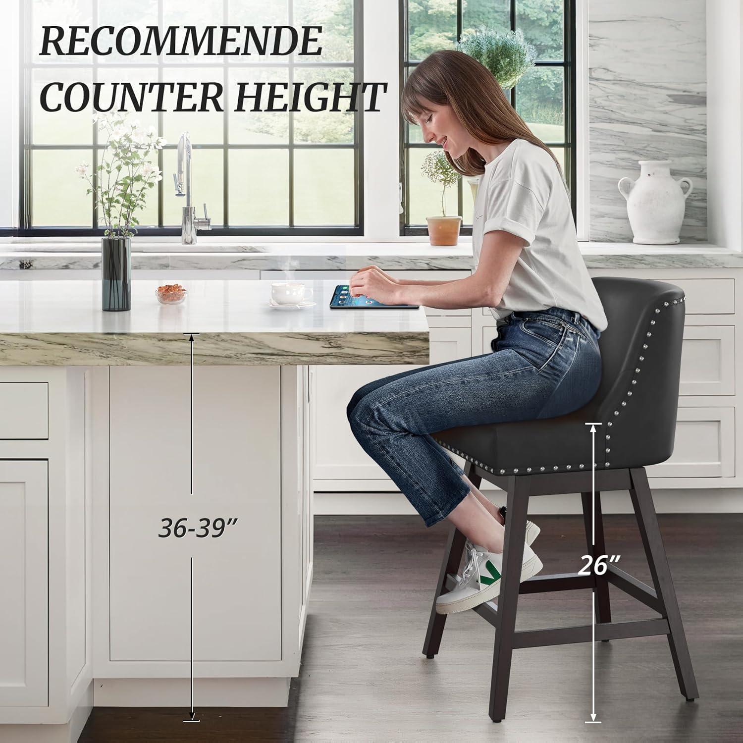 26 Inch Bar Stools Set of 2, Black Swivel Counter Stools with Back, Faux Leather Upholstered Barstools, Solid Wood Legs with Footrest, Modern Bar Stool for Kitchen Island, Dining Room, Pub