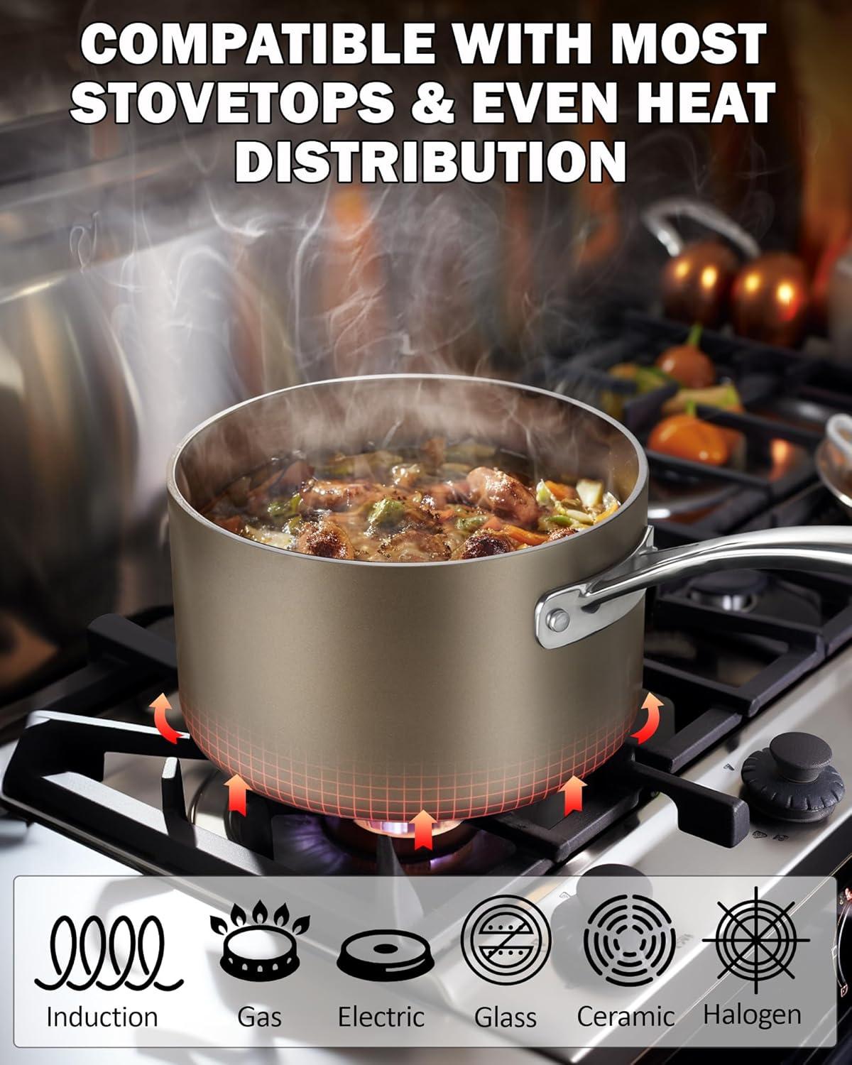 2-Quart Bronze Nonstick Aluminum Saucier with Glass Lid