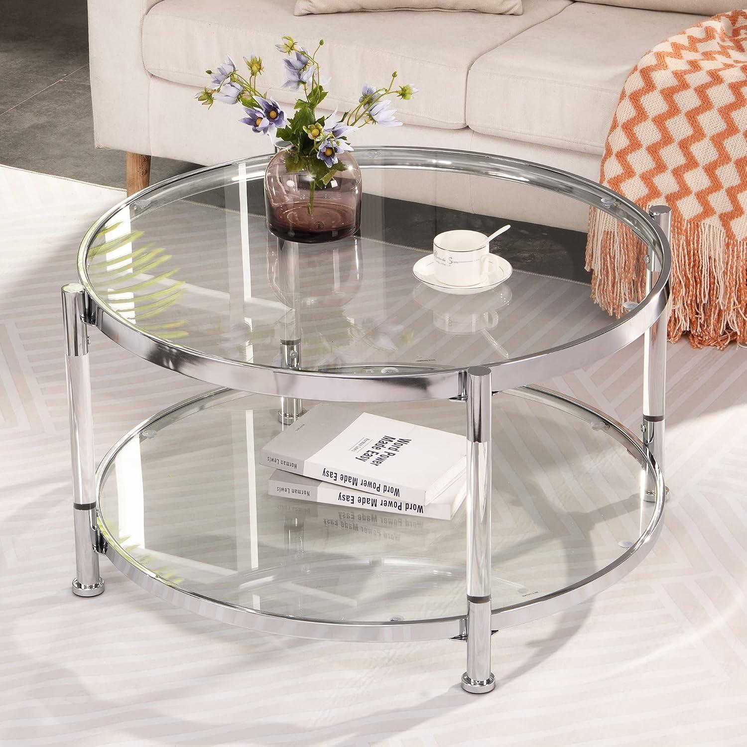 Round Chrome Acrylic and Glass Coffee Table