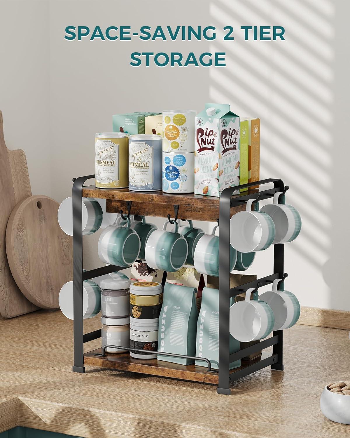 17 Stories Coffee Bar Organizer With 14 Mug Hooks, Wood Coffee Mug Holder Stand For Countertop, 2 Tier Coffee Station Organizer For Coffee Cups, Mugs, Syrups, Accessories
