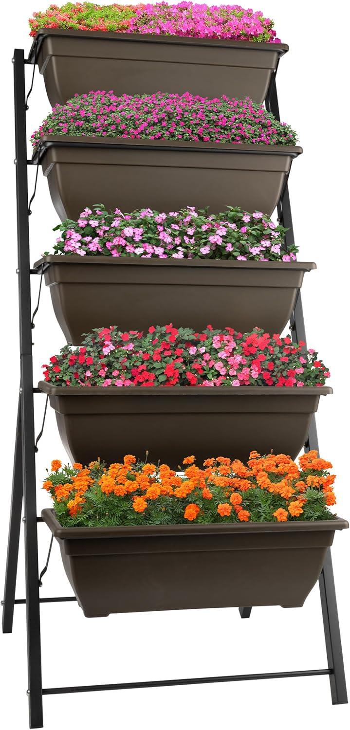 Pure Garden 5pc Raised Garden Beds Rectangular Steel Outdoor Planter Boxes Includes 5 Planter Pots with Rack Brown 27"x21.75"x48"