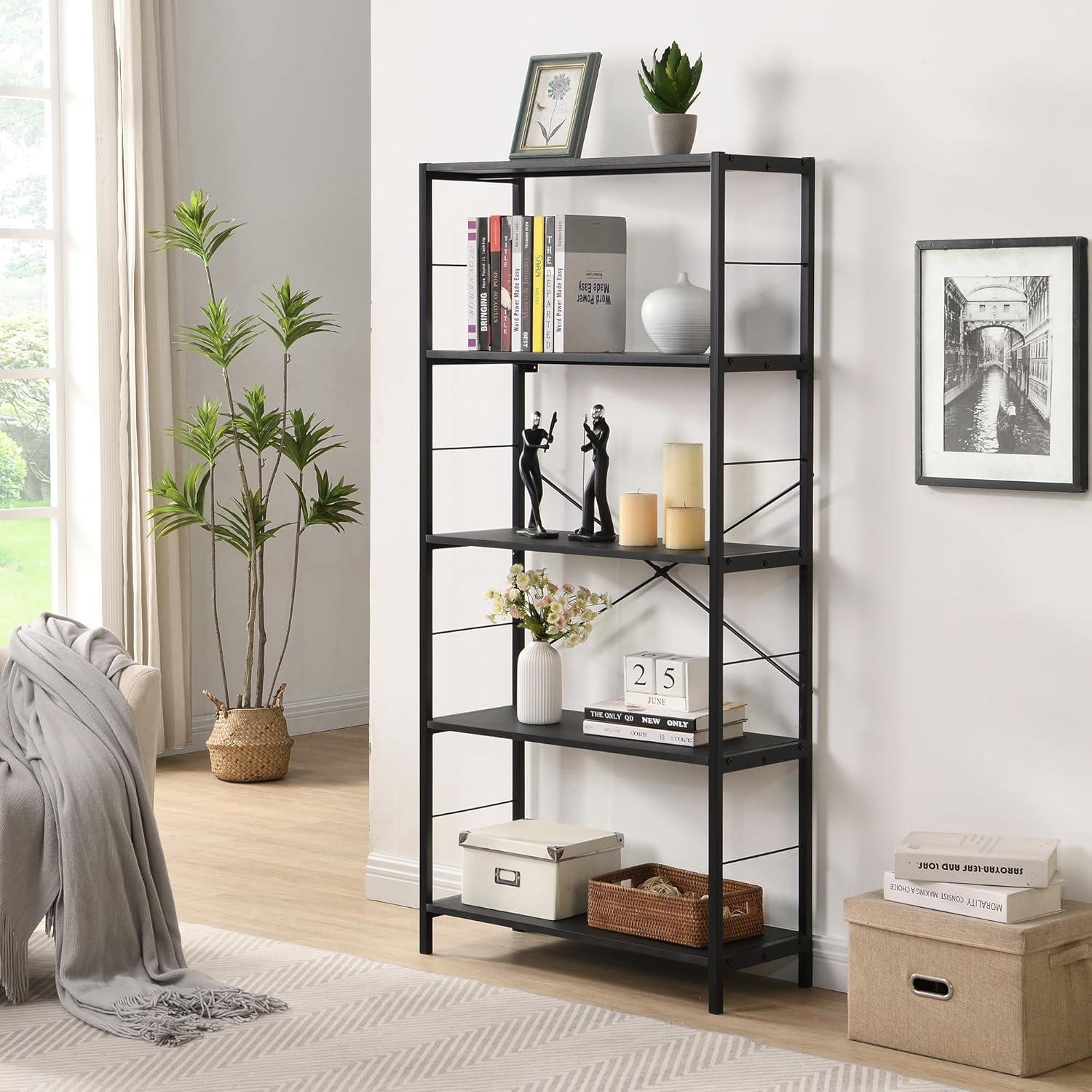 Black 64-Inch Modern 5-Tier Metal Bookcase