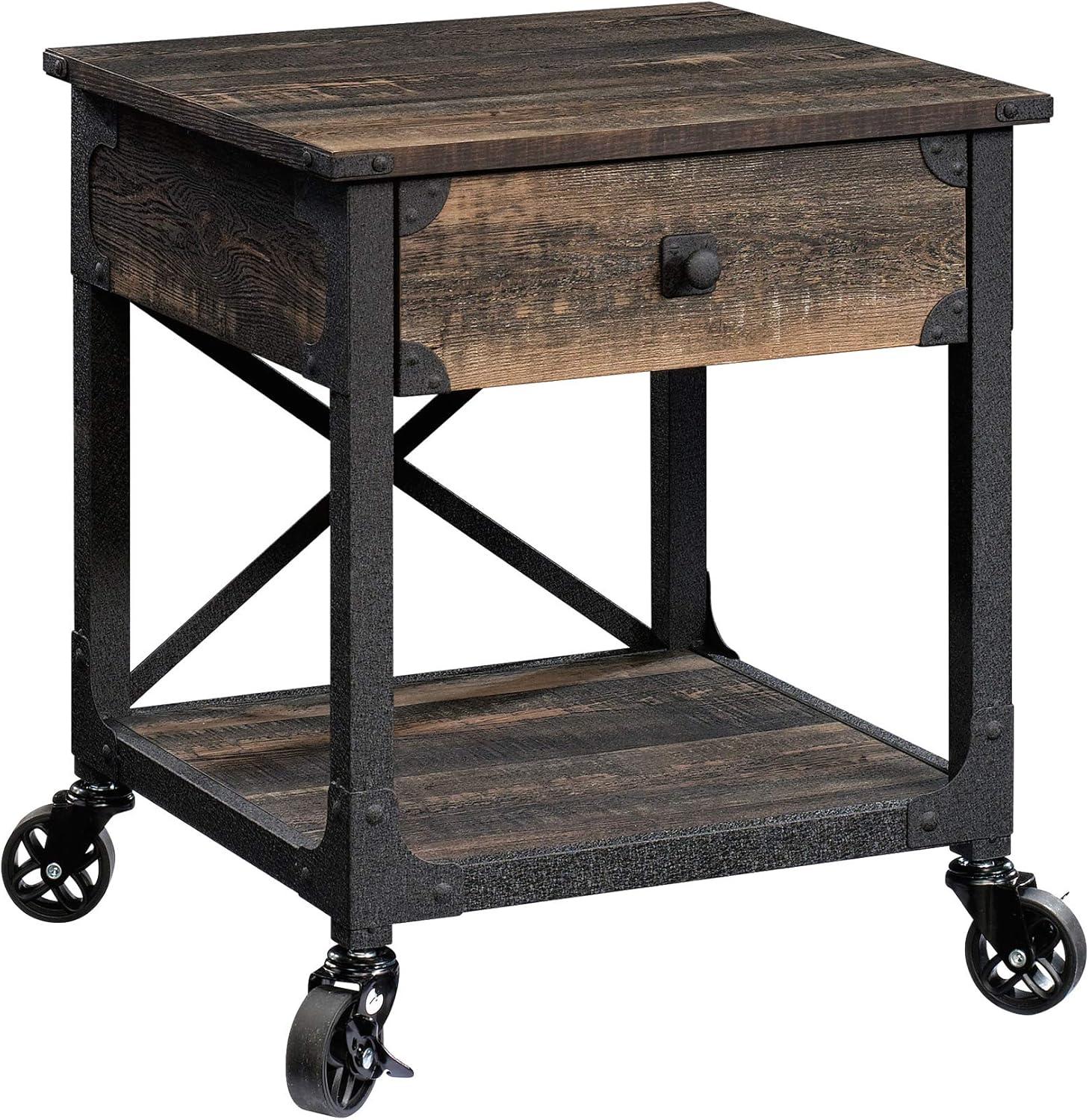 Rustic Carbon Oak Mobile Side Table with Storage Drawer