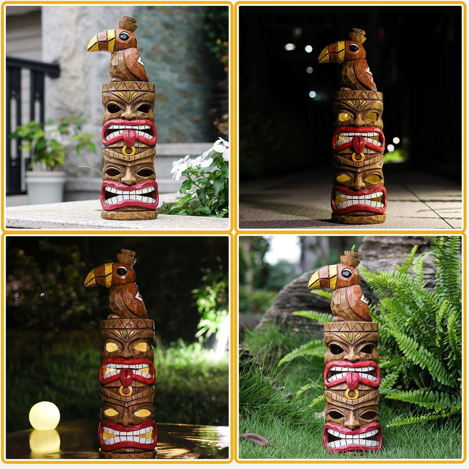 Handmade Painted Double Tiki Totem & Woodpecker Solar Light