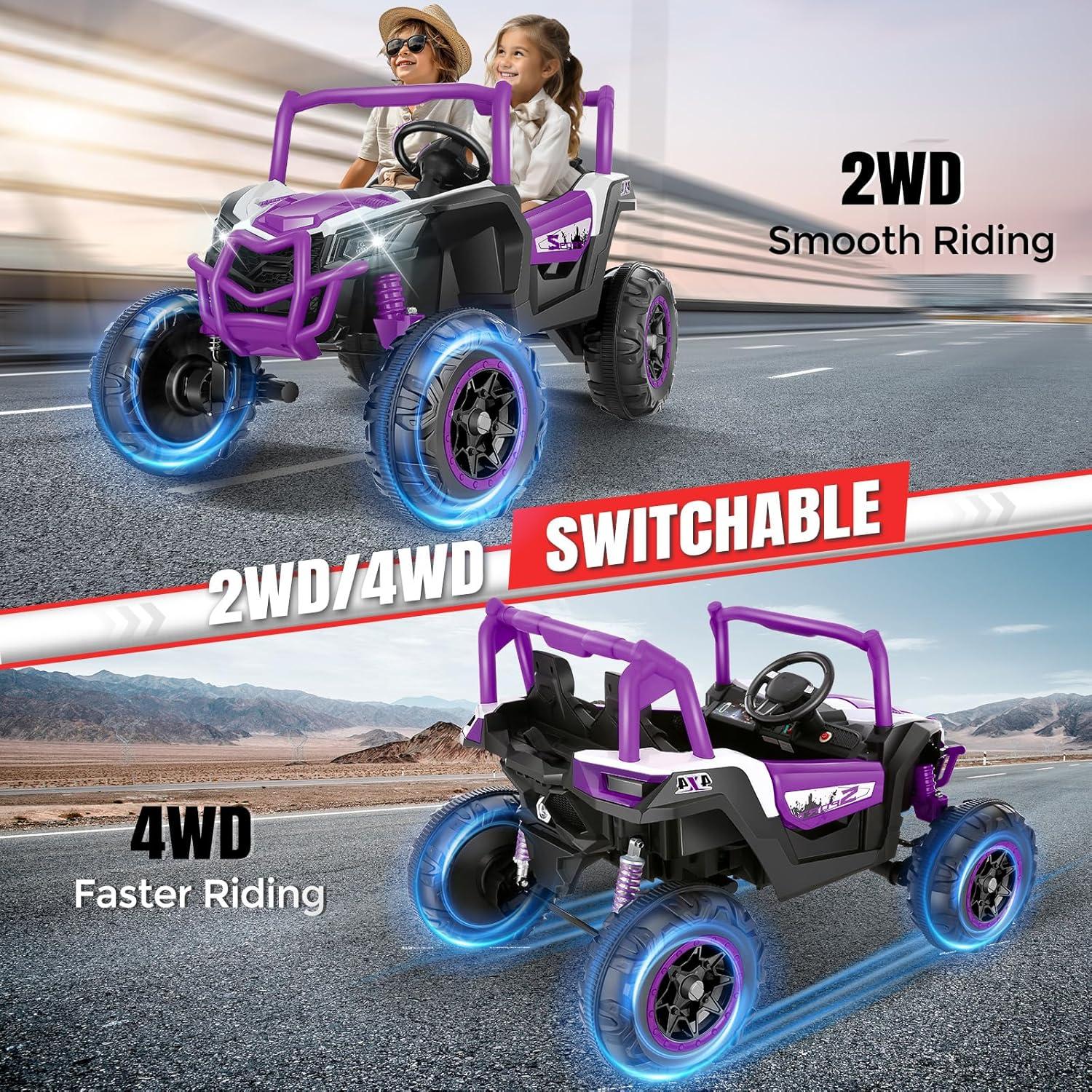 Hikole 24 Volt Ride On Toys for Big Kids, 2 Seater Electric Truck Car Side by Side Electric Vehicle with Music, Bluetooth, 3 Speeds, Soft Braking, Kids UTV for Boys Girls-Purple