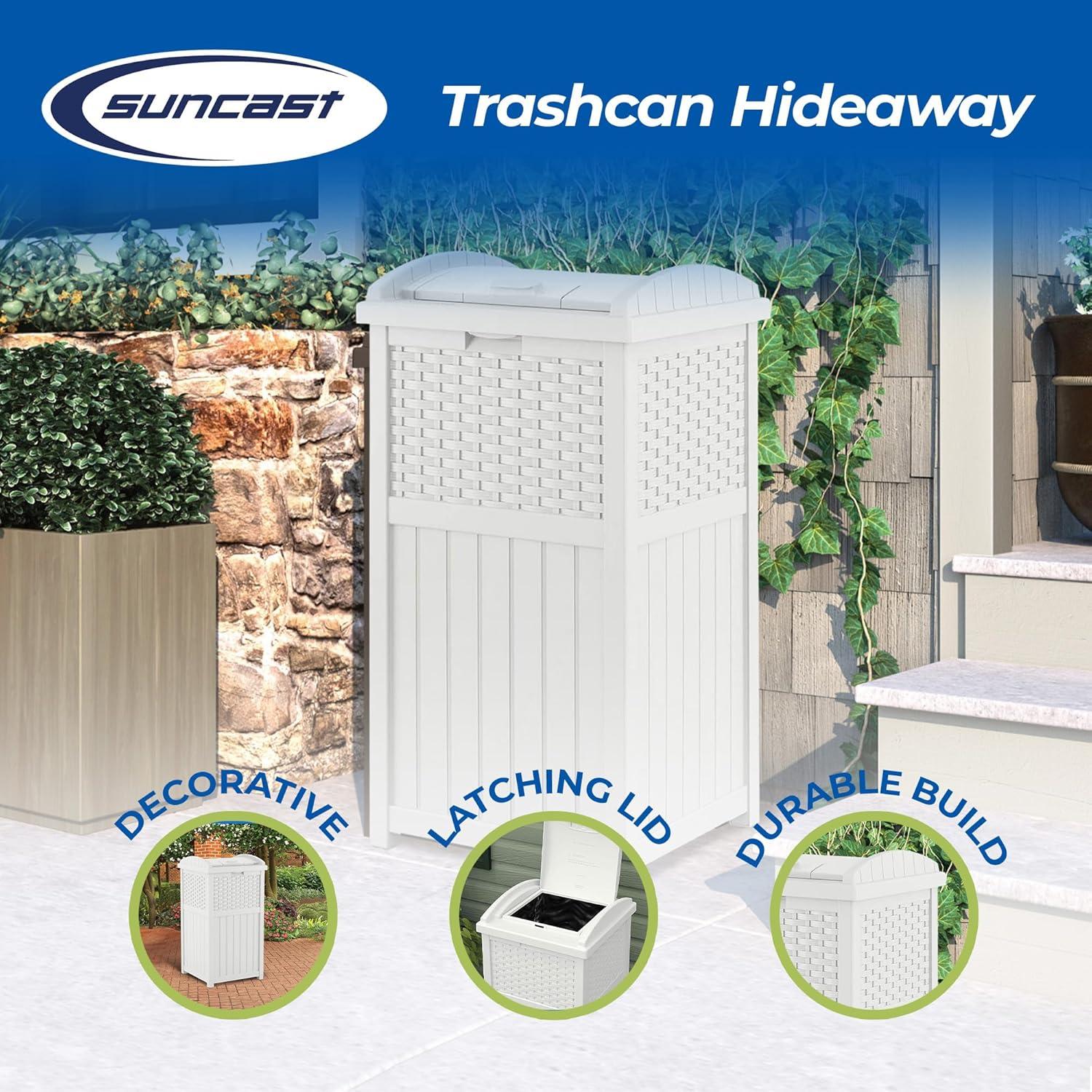 Suncast Wicker Resin Outdoor Hideaway Trash Can Bin with Latching Lid for Use in Backyard, Deck, or Patio, White (2 Pack)