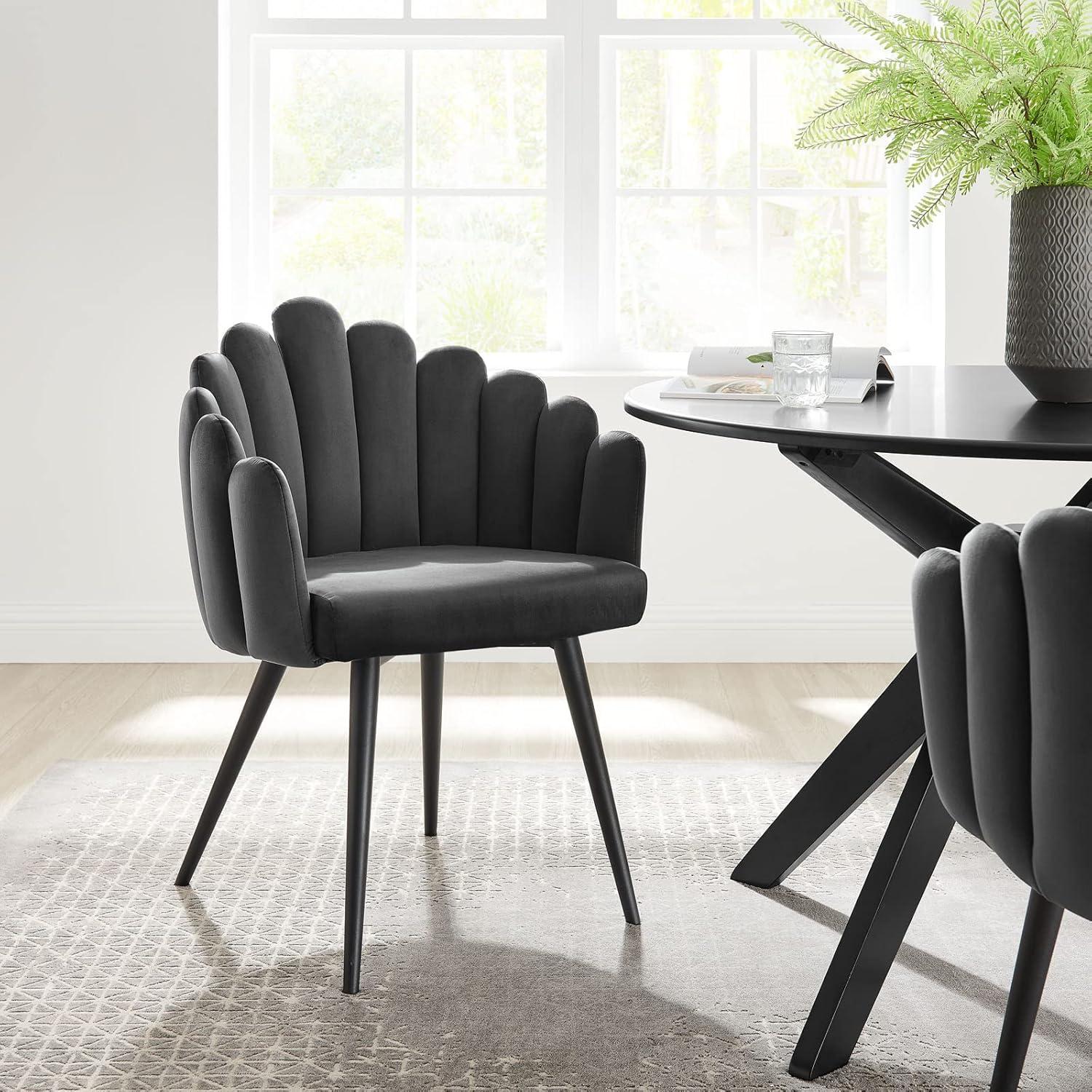 Modway Vanguard 19.5" Scalloped Back Velvet Dining Chair in Black/Charcoal