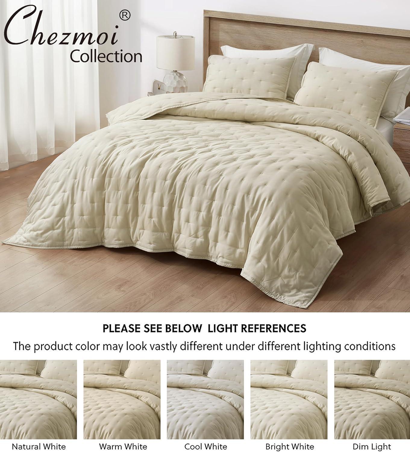 Chezmoi Collection Glen 3-Piece Crescent Stitched Quilt Set, King Size, Sand, Rayon Derived from Bamboo & Polyester Blended, Soft Breathable Cooling Bedspread for Hot Sleepers