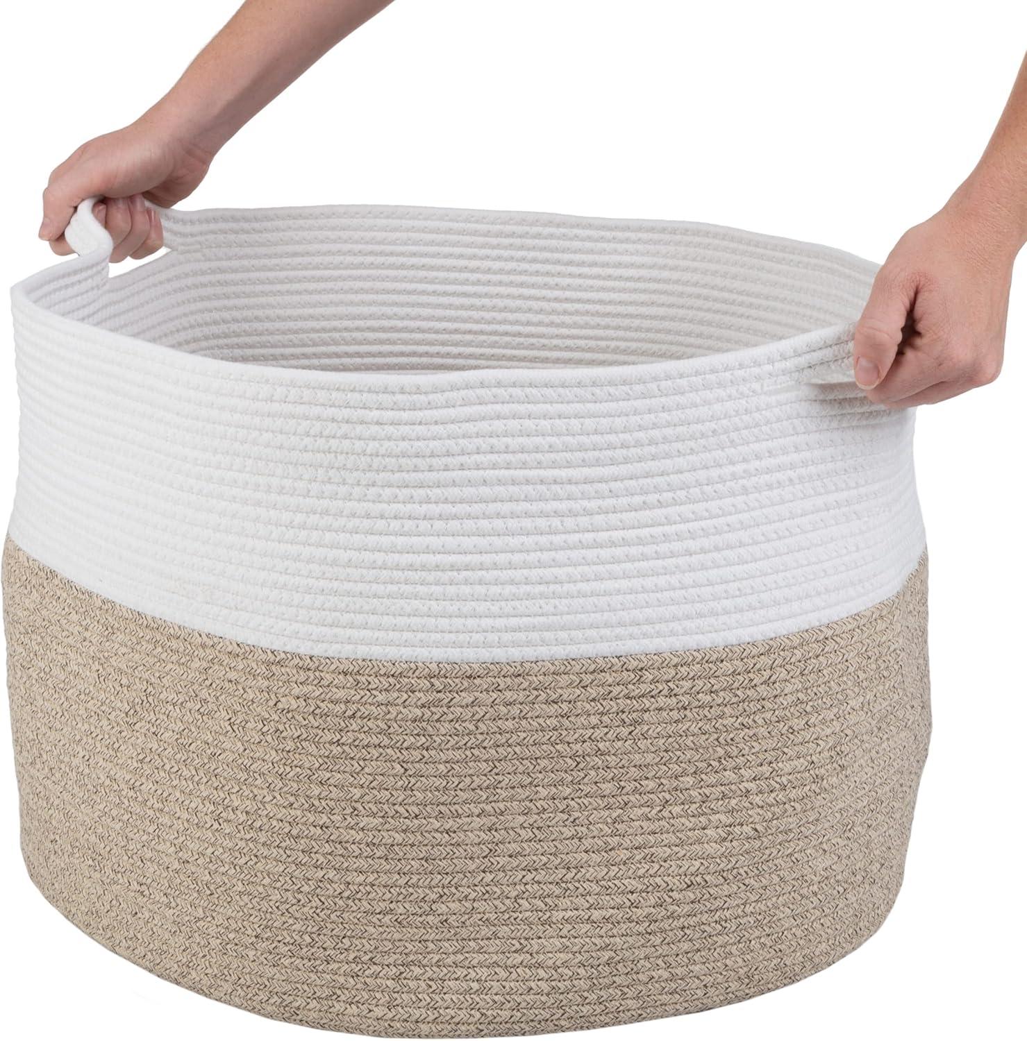 Home-Complete XL Woven Rope Basket Natural: Coiled Cotton Storage for Blankets, Large Circular Decorative Basket, 21.7"