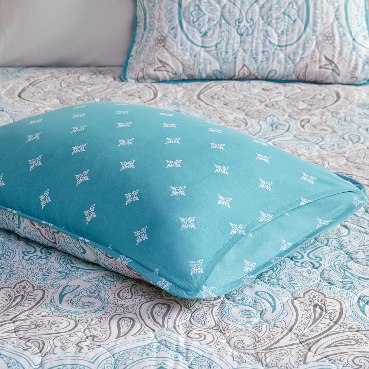 Madison Park Cardi Reversible Cotton Quilt Set - Paisley Design, Boho Reverse Summer Breathable Coverlet, Lightweight All Season Bedding Layer, Shams, Full/Queen(90"x90"), Teal 3 Piece