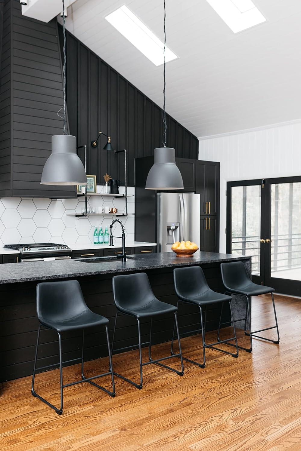 Transitional Black Leather Counter Stool with Metal Base