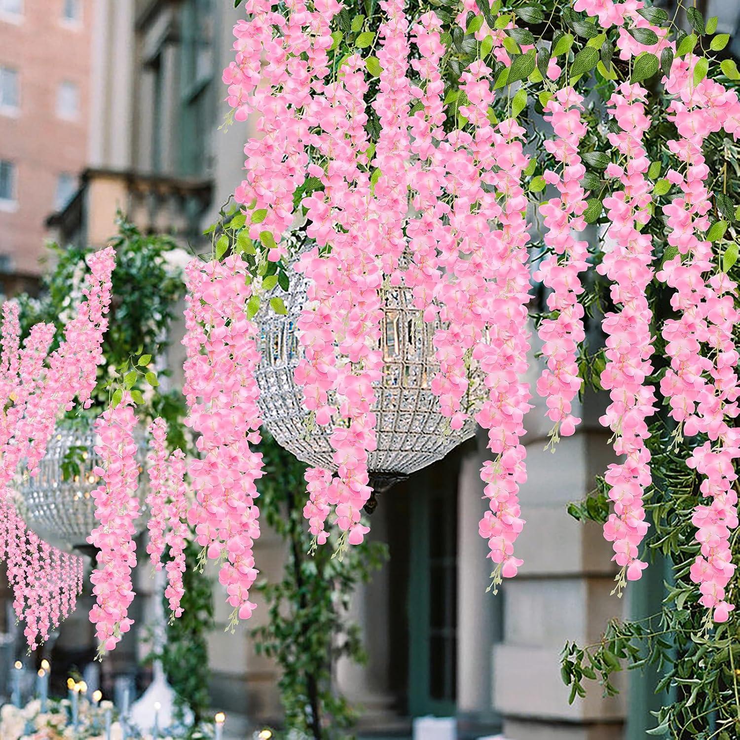 Wisteria Hanging Flowers 24 Pack Fake Flower Garland Artificial Wisteria Vines Rattan Silk Flower String Wedding Party Wall Decorations,Blush Pink