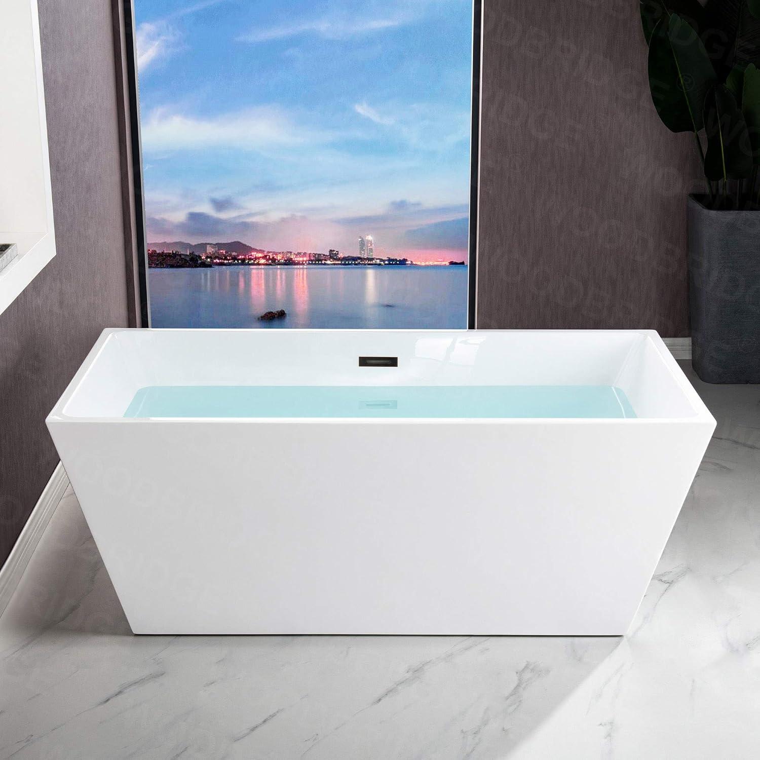 59" White Acrylic Freestanding Bathtub with Matte Black Overflow